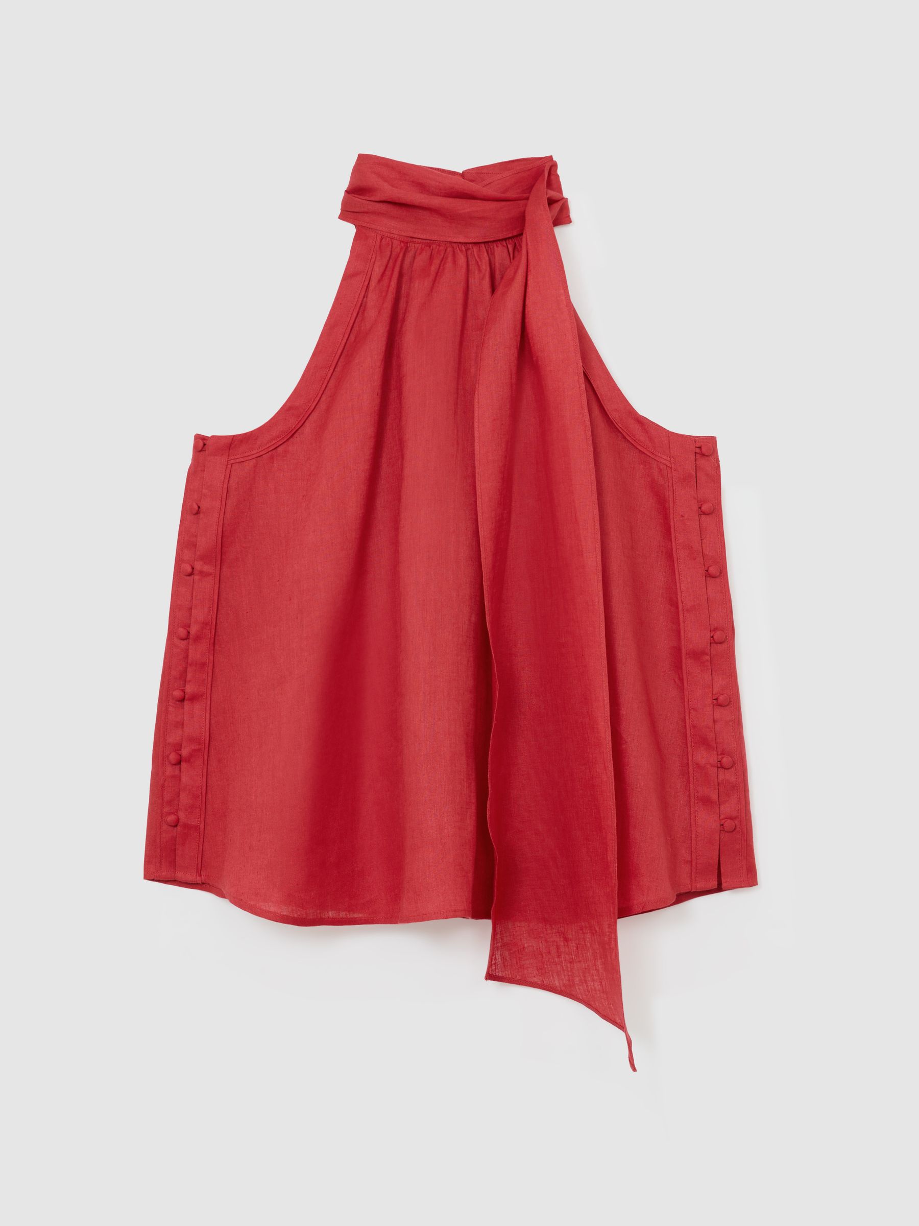 Linen Sleeveless Scarf-Neck Top in Coral Red - Image 2 of 9