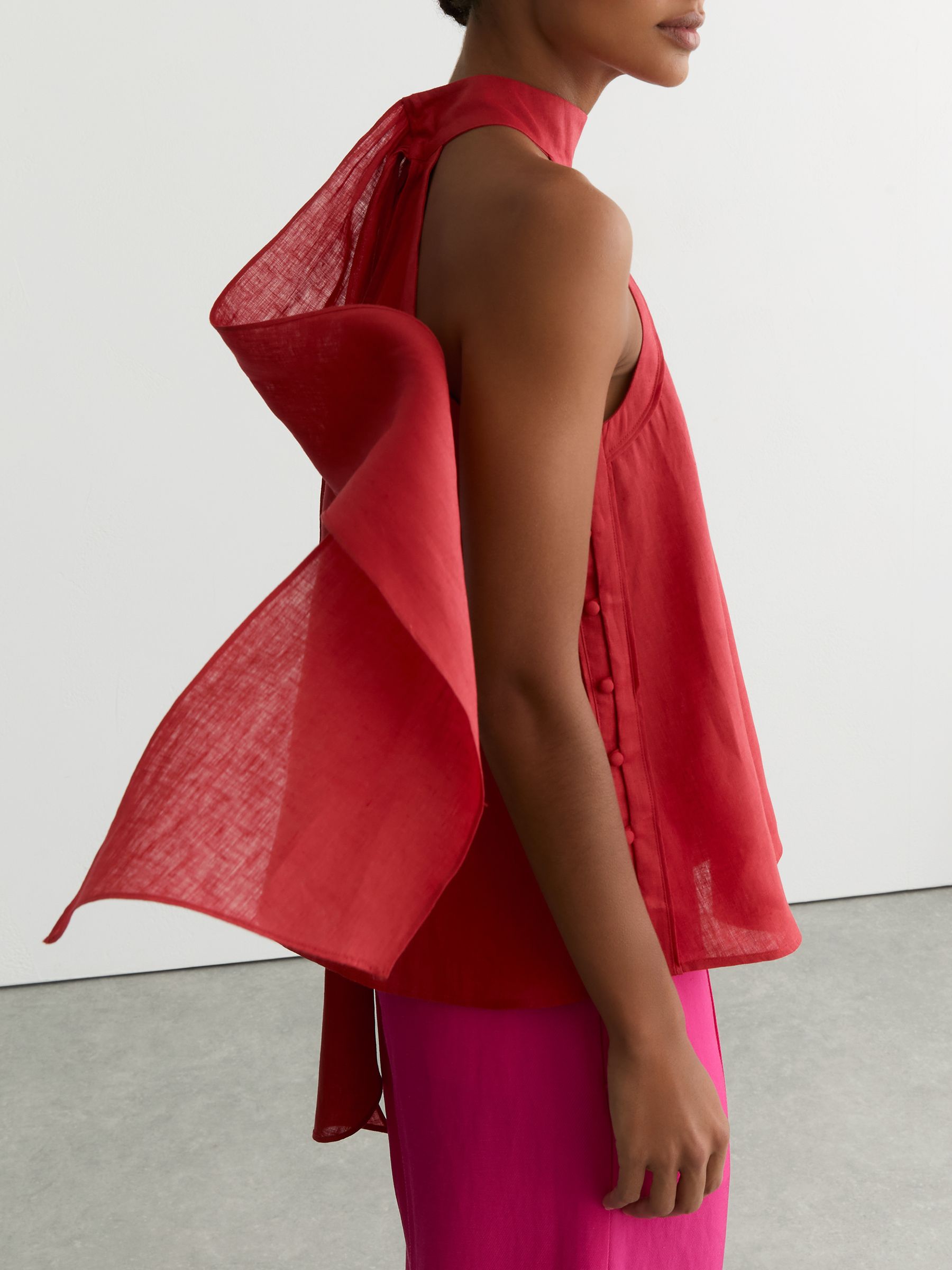 Linen Sleeveless Scarf-Neck Top in Coral Red - Image 3 of 9