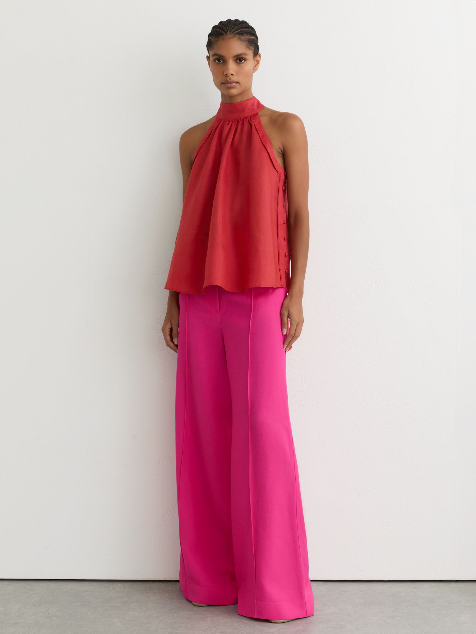Linen Sleeveless Scarf-Neck Top in Coral Red - Image 4 of 9