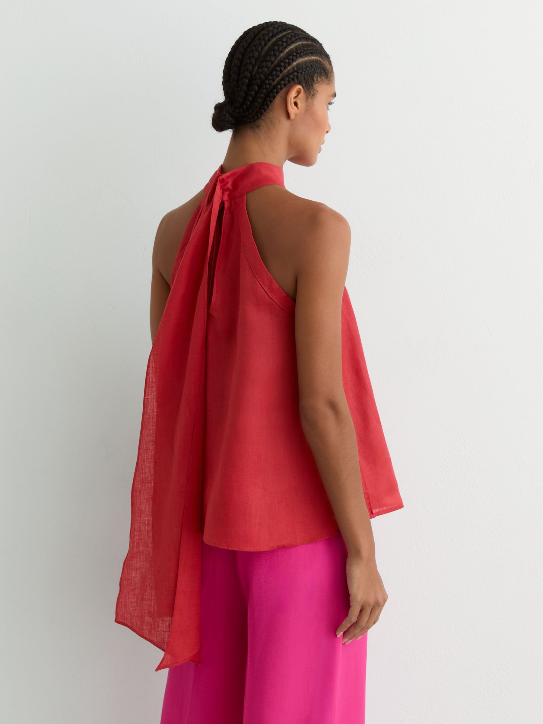 Linen Sleeveless Scarf-Neck Top in Coral Red - image 5