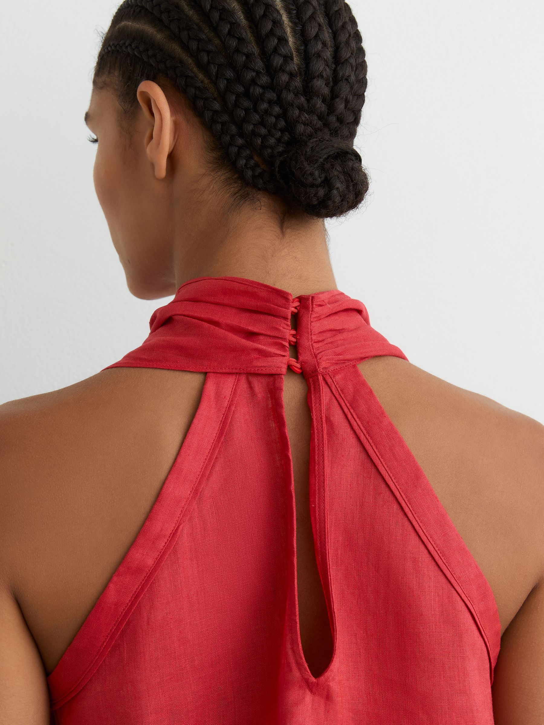 Linen Sleeveless Scarf-Neck Top in Coral Red - image 3