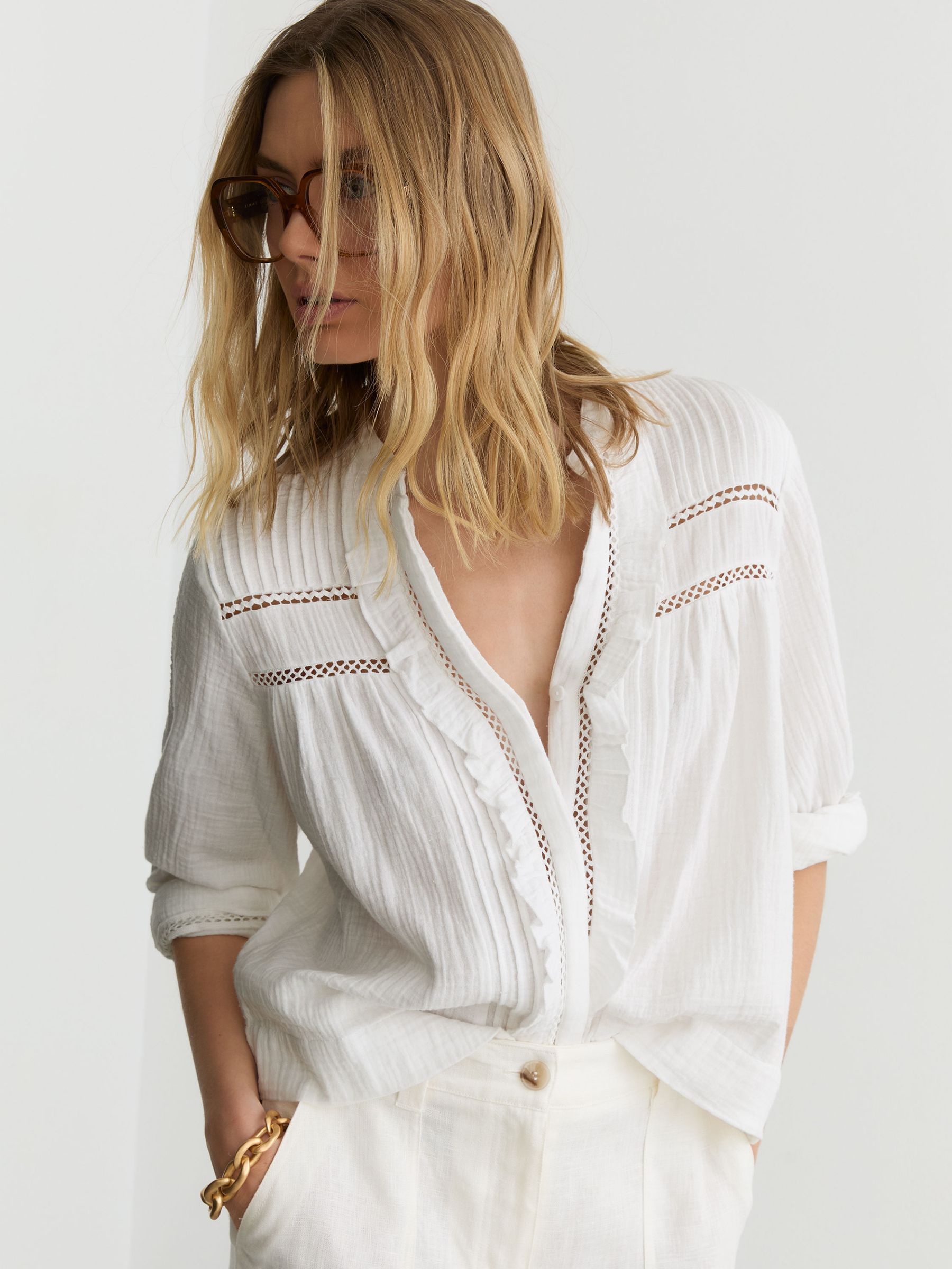 Cotton Cheesecloth Long-Sleeve Top in Ivory - Image 1 of 7