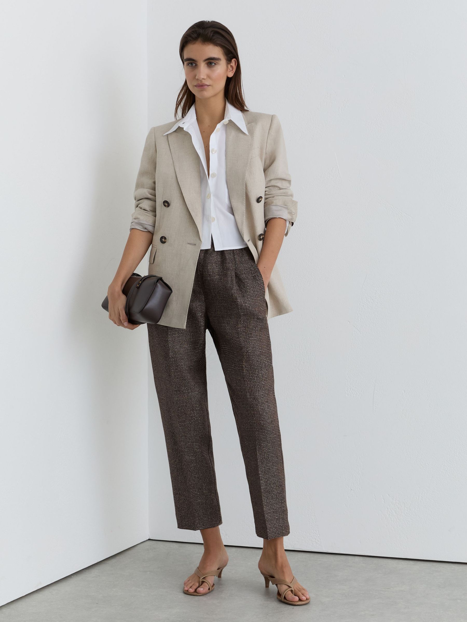 Woven Linen Cropped Tapered Trousers in Brown - image 2