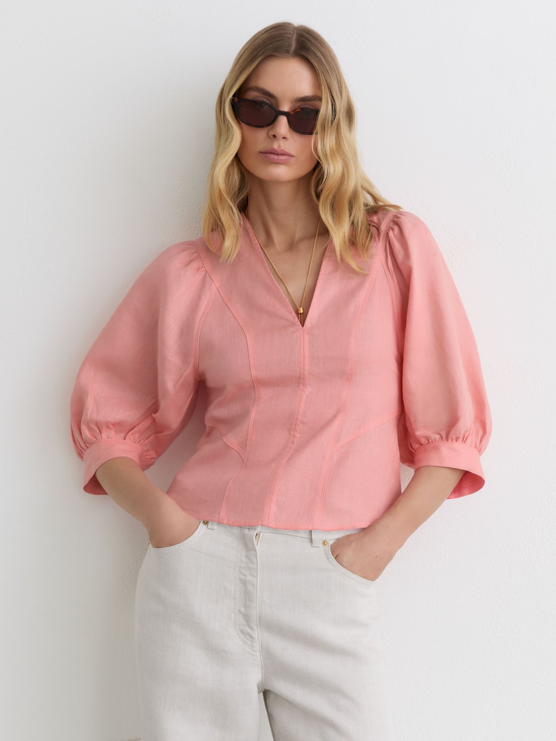 Linen Balloon-Sleeve Top in Coral Pink - Image 1 of 6 Linen Balloon-Sleeve Top in Coral Pink - Image 1 of 6