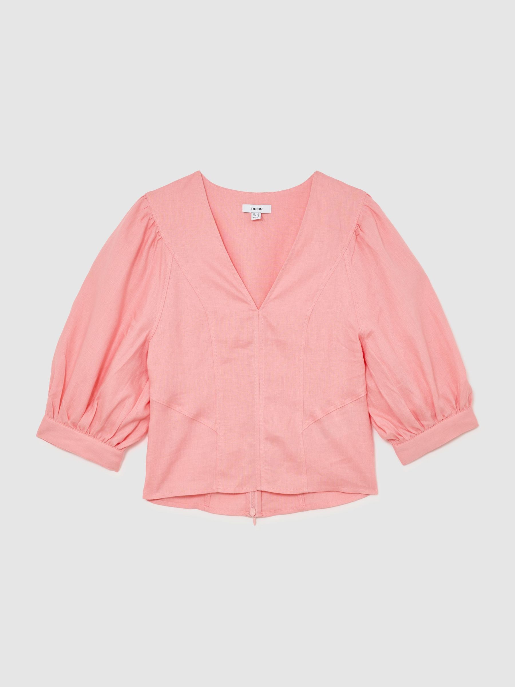 Linen Balloon-Sleeve Top in Coral Pink - image 1