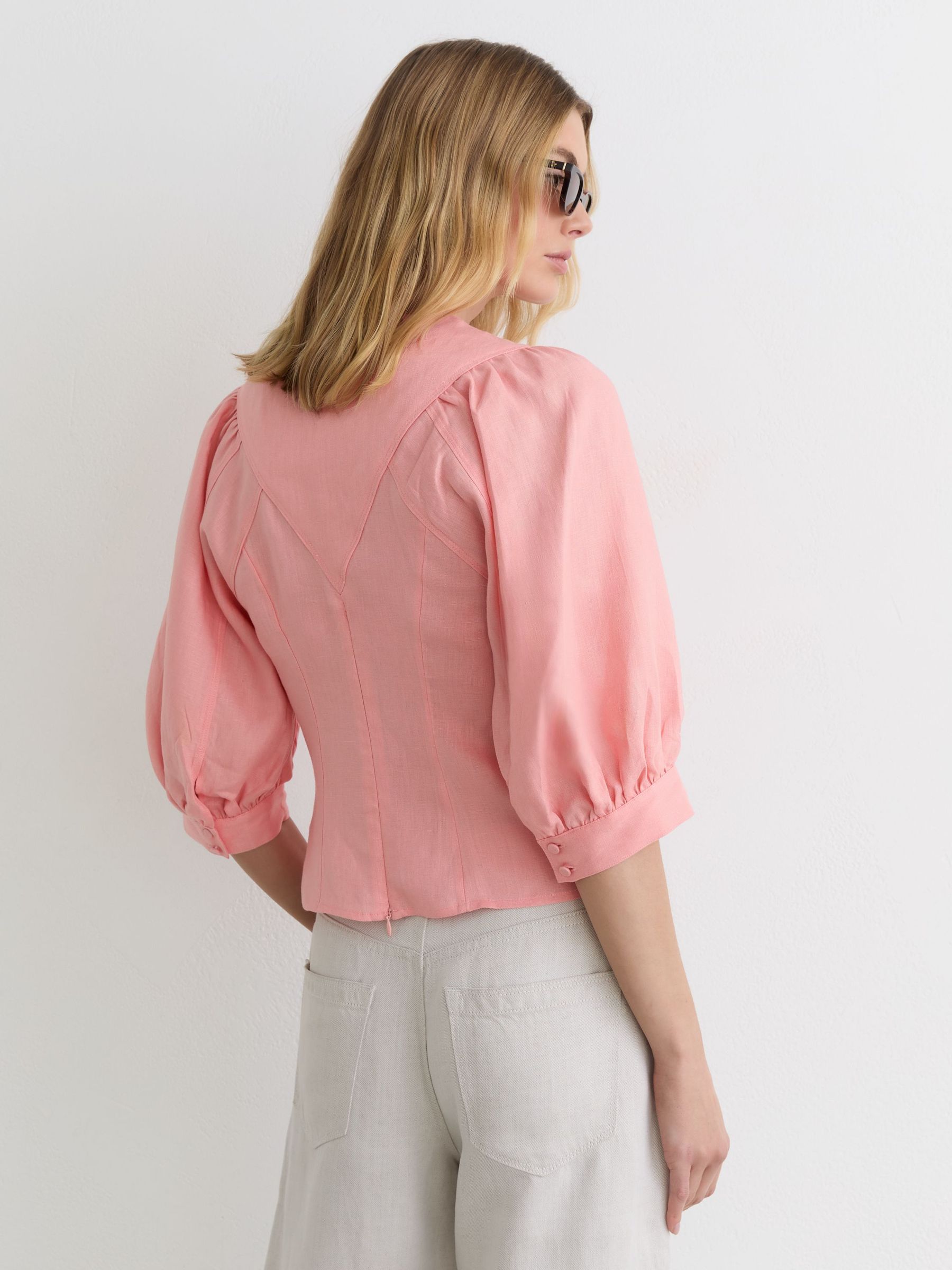 Linen Balloon-Sleeve Top in Coral Pink - image 4