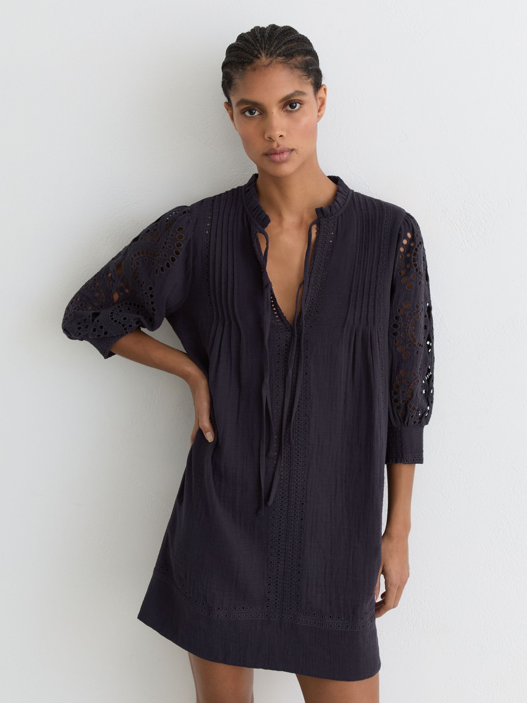 Cotton Cheesecloth Broderie Mini Dress in Navy - image 2