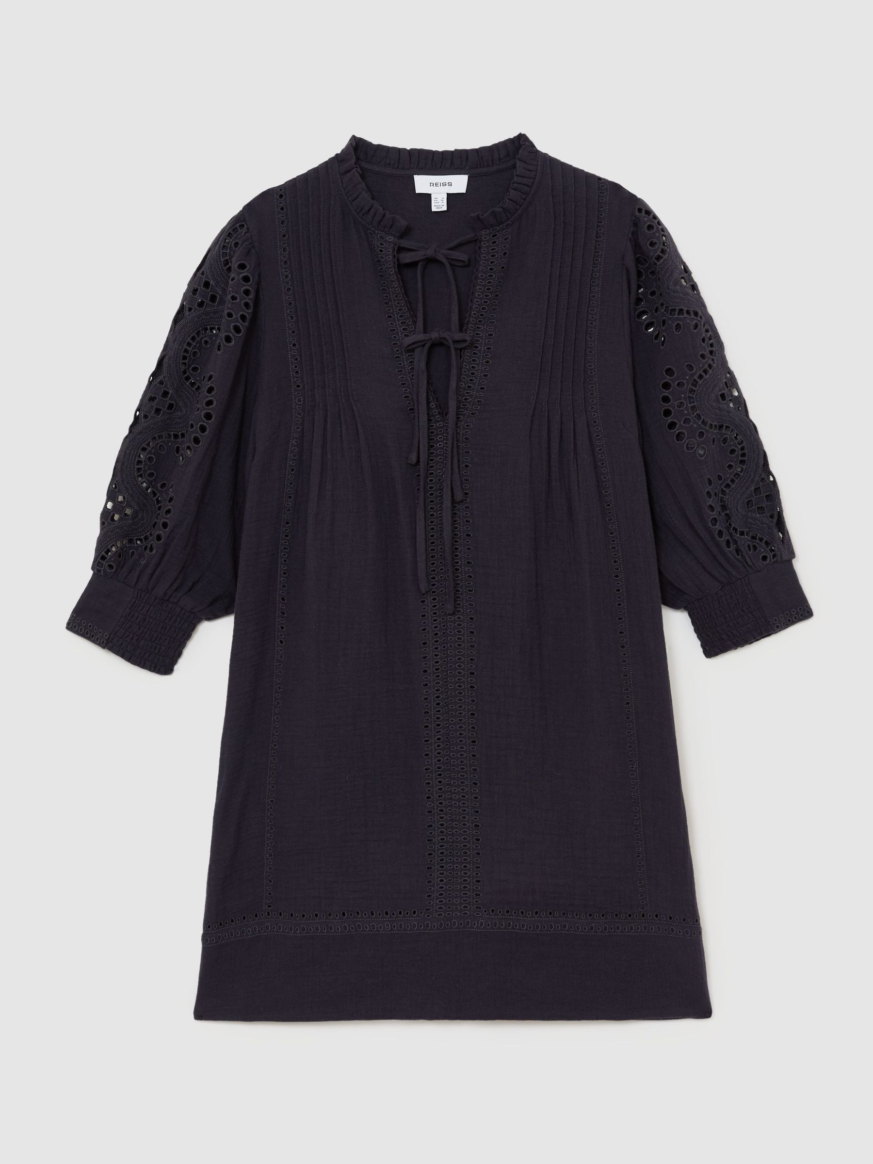 Cotton Cheesecloth Broderie Mini Dress in Navy - image 1