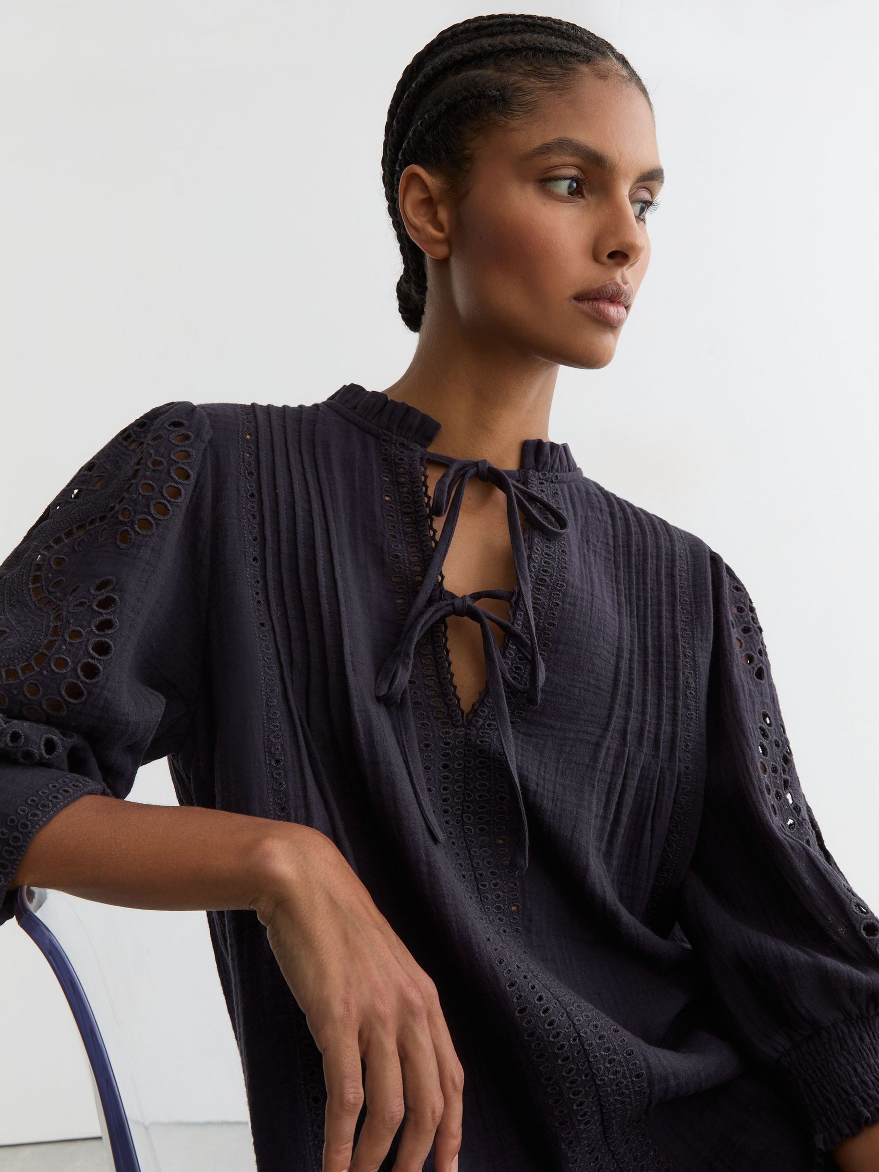 Cotton Cheesecloth Broderie Mini Dress in Navy - image 5
