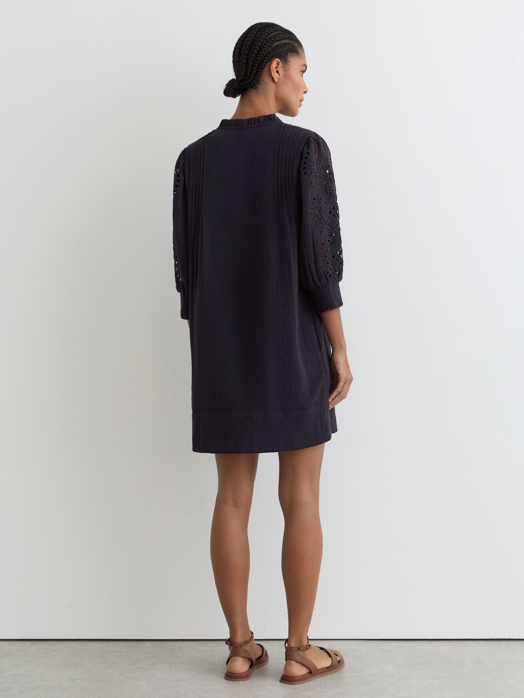 Cotton Cheesecloth Broderie Mini Dress in Navy - image 4