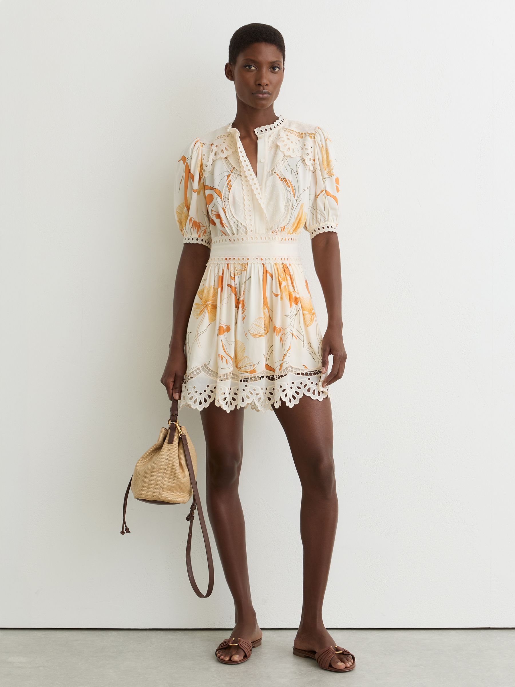 Floral-Print Lace-Trim Mini Dress in Ivory/Pink - image 2