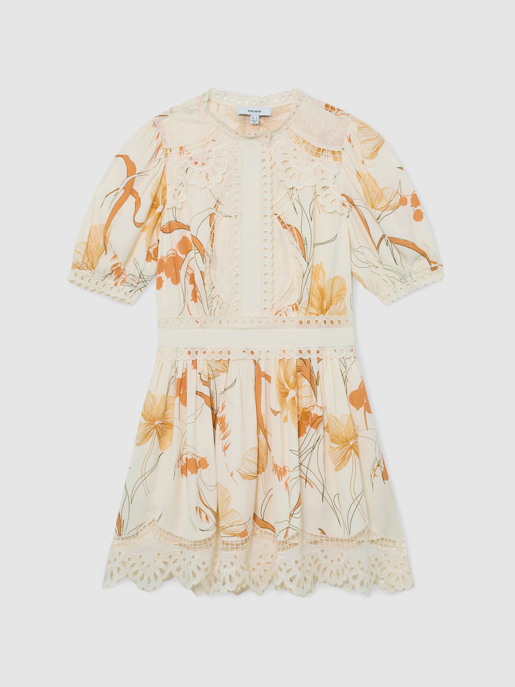 Floral-Print Lace-Trim Mini Dress in Ivory/Pink - image 1