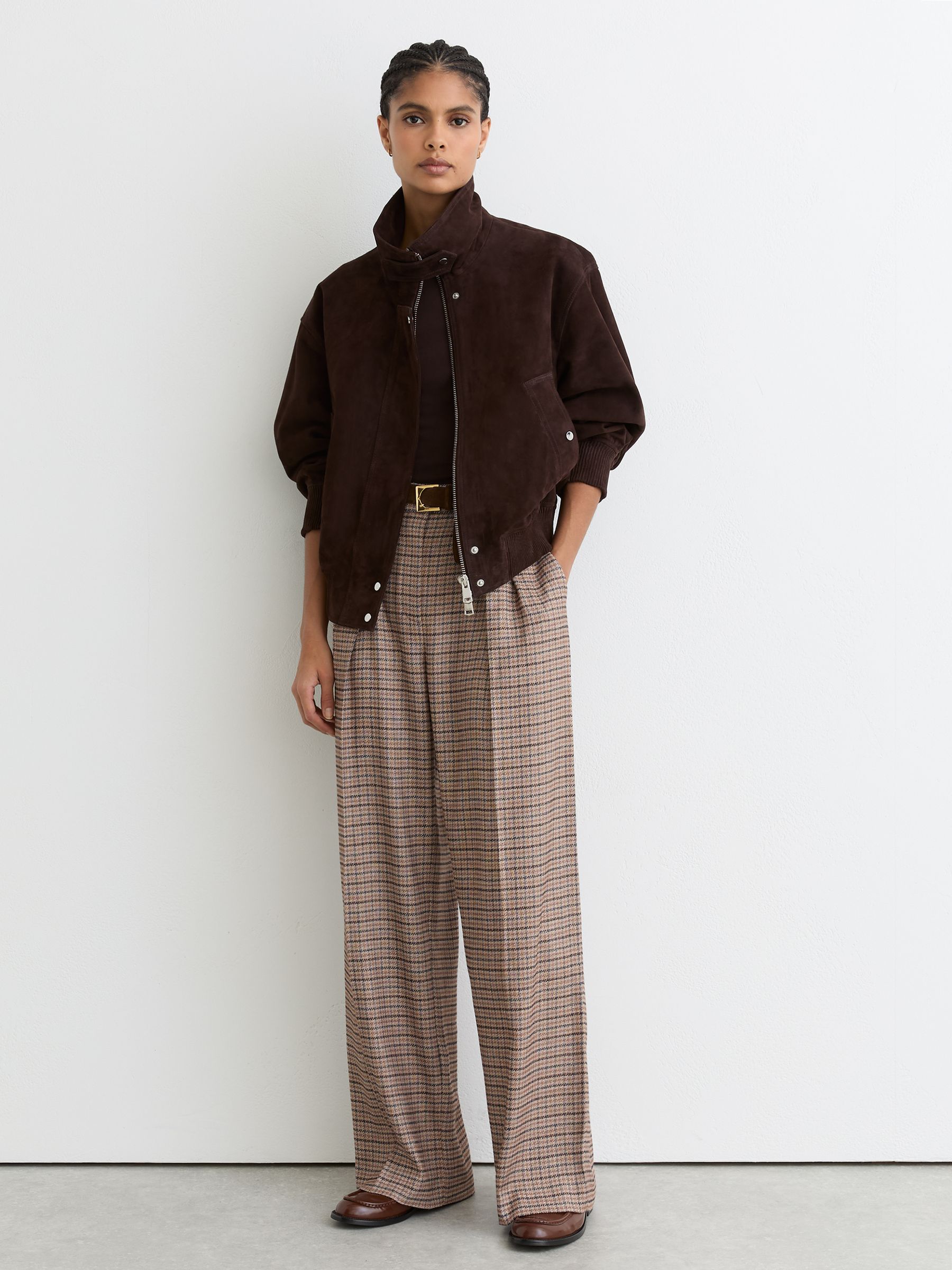 Wide-Leg Check Pleated Trousers in Neutral Check - Image 1 of 7