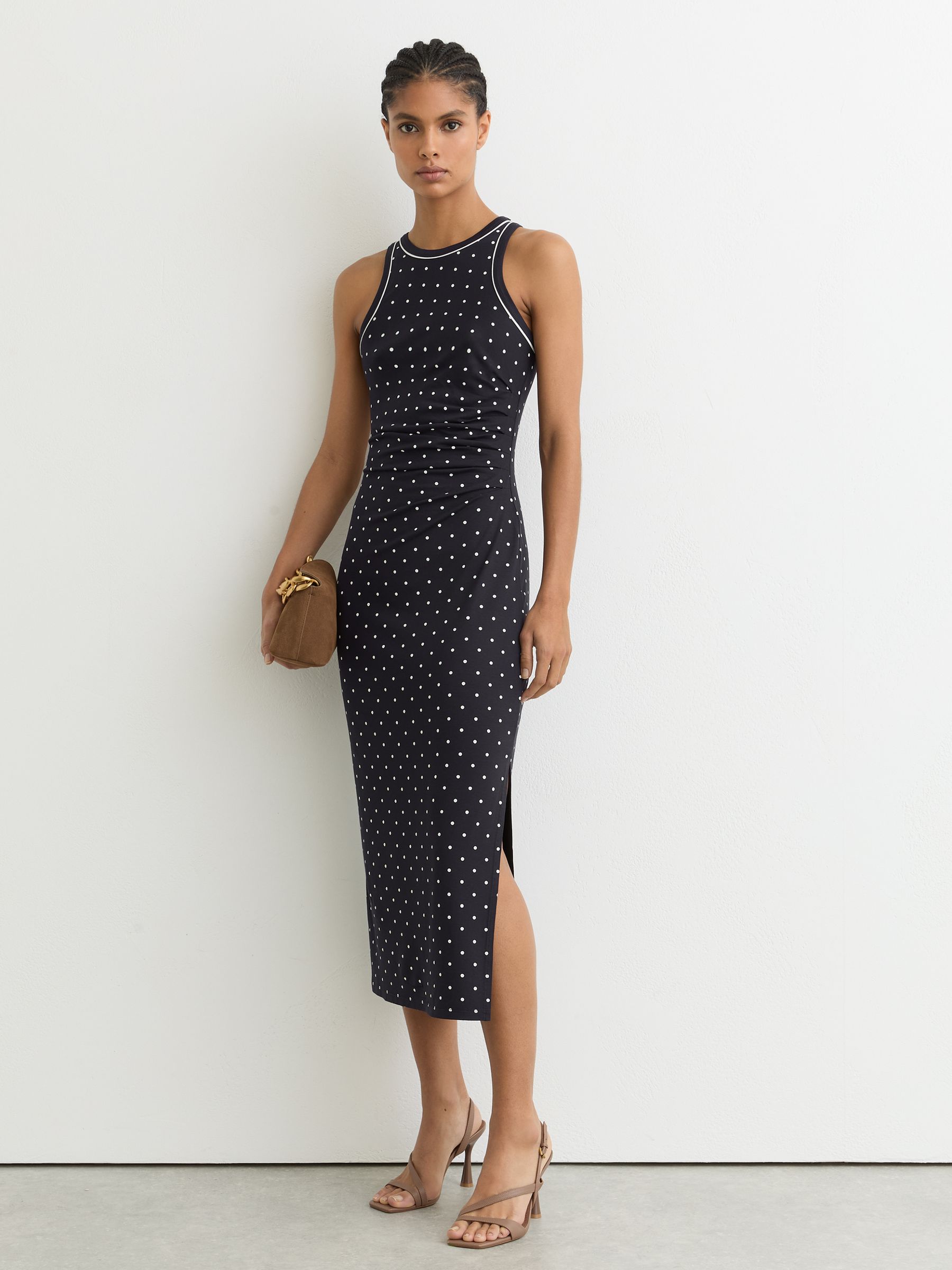 Jersey Polka-Dot Racer Midi Dress in Navy/Ivory - Image 1 of 7