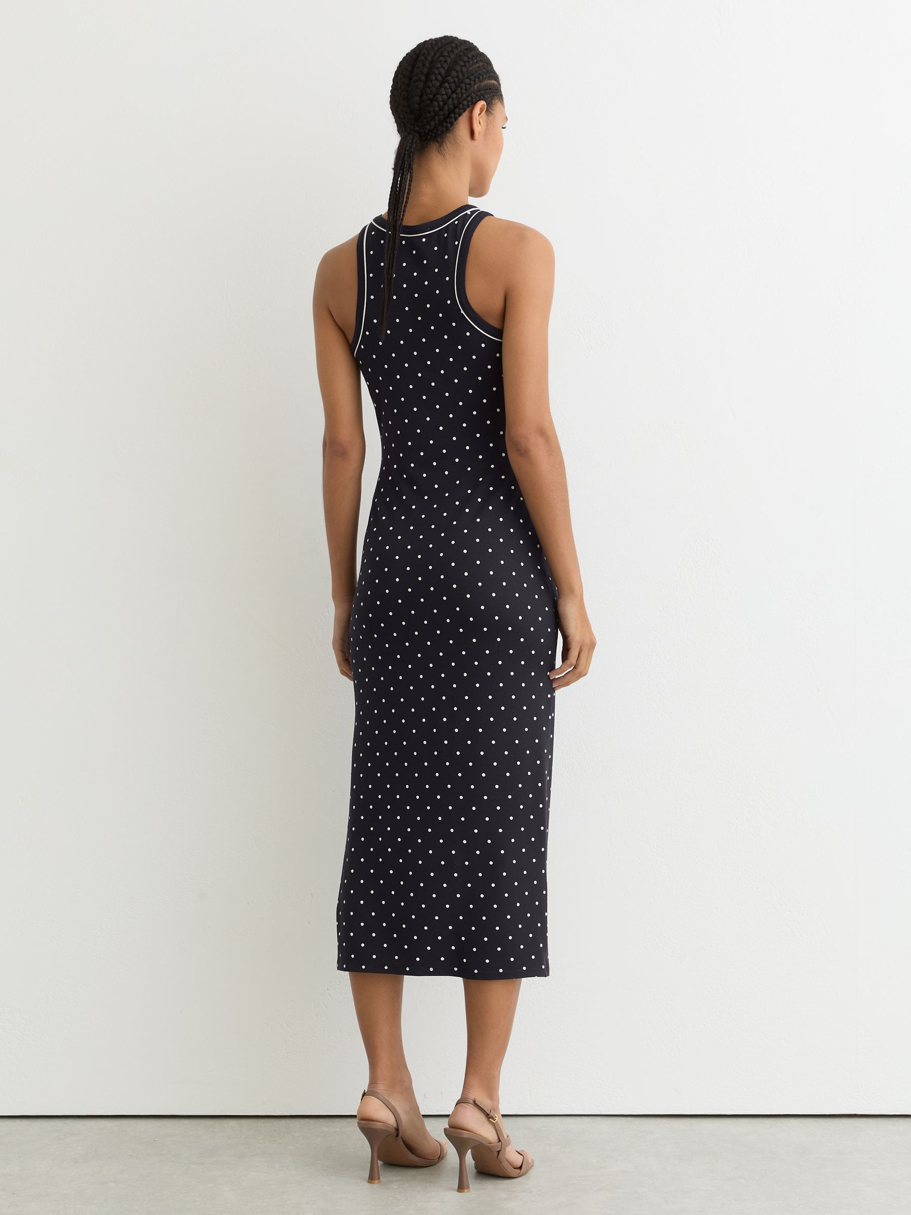 Jersey Polka-Dot Racer Midi Dress in Navy/Ivory - Image 5 of 7