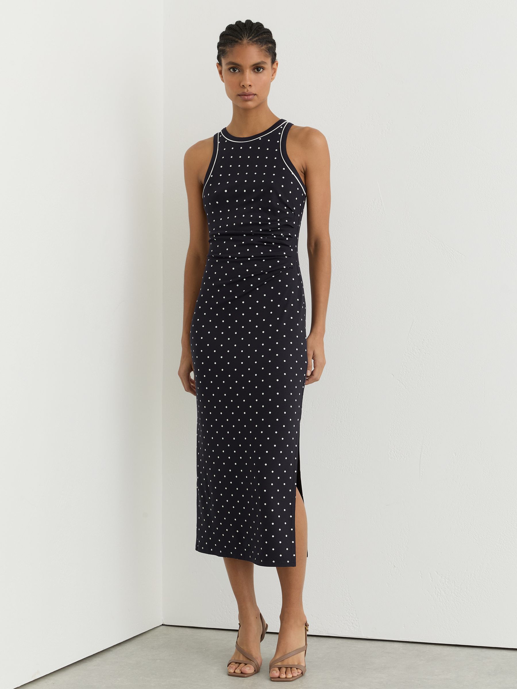 Jersey Polka-Dot Racer Midi Dress in Navy/Ivory - Image 6 of 7