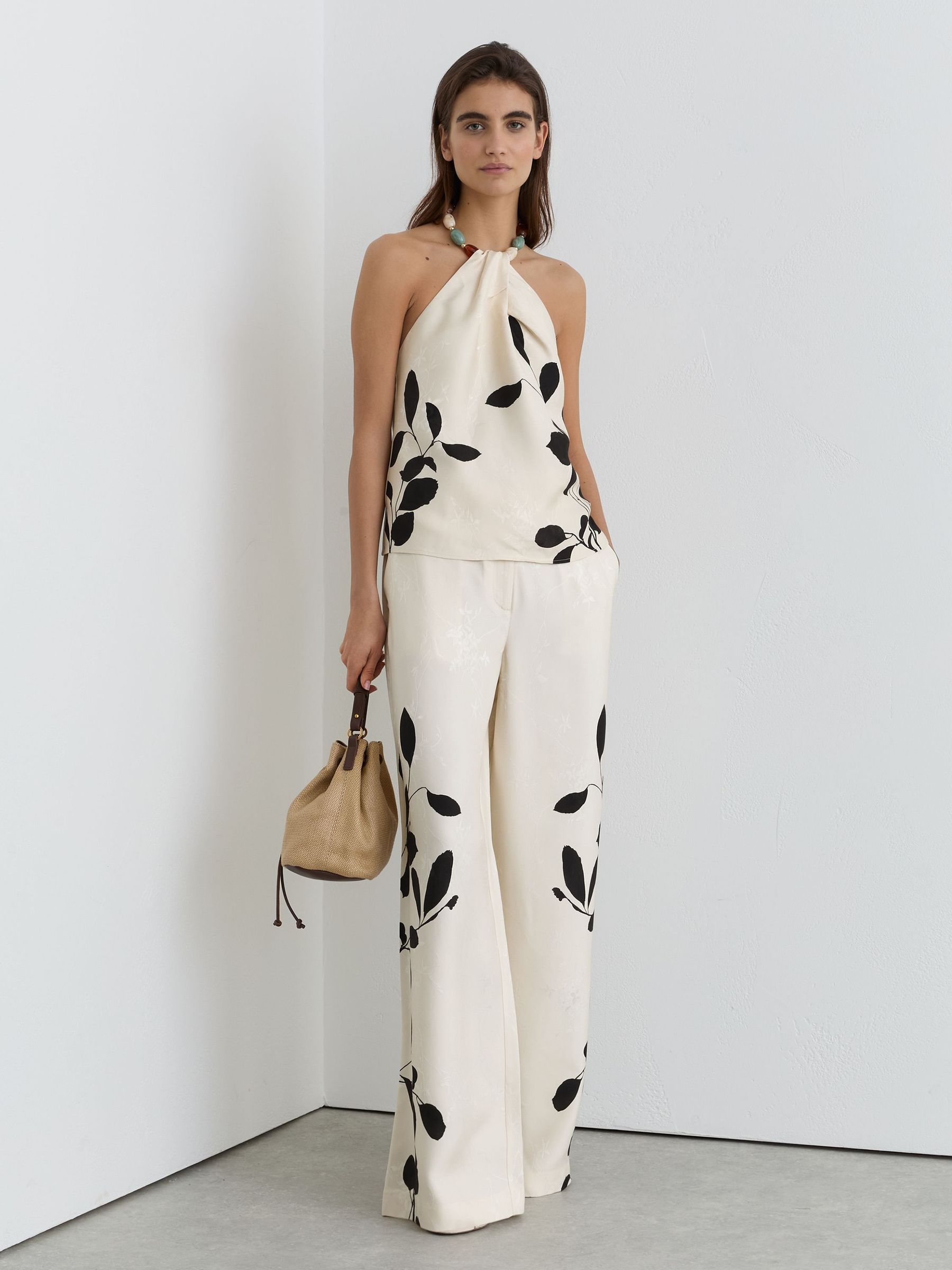 Jacquard Printed Wide-Leg Trousers in Ivory/Black - Image 1 of 8