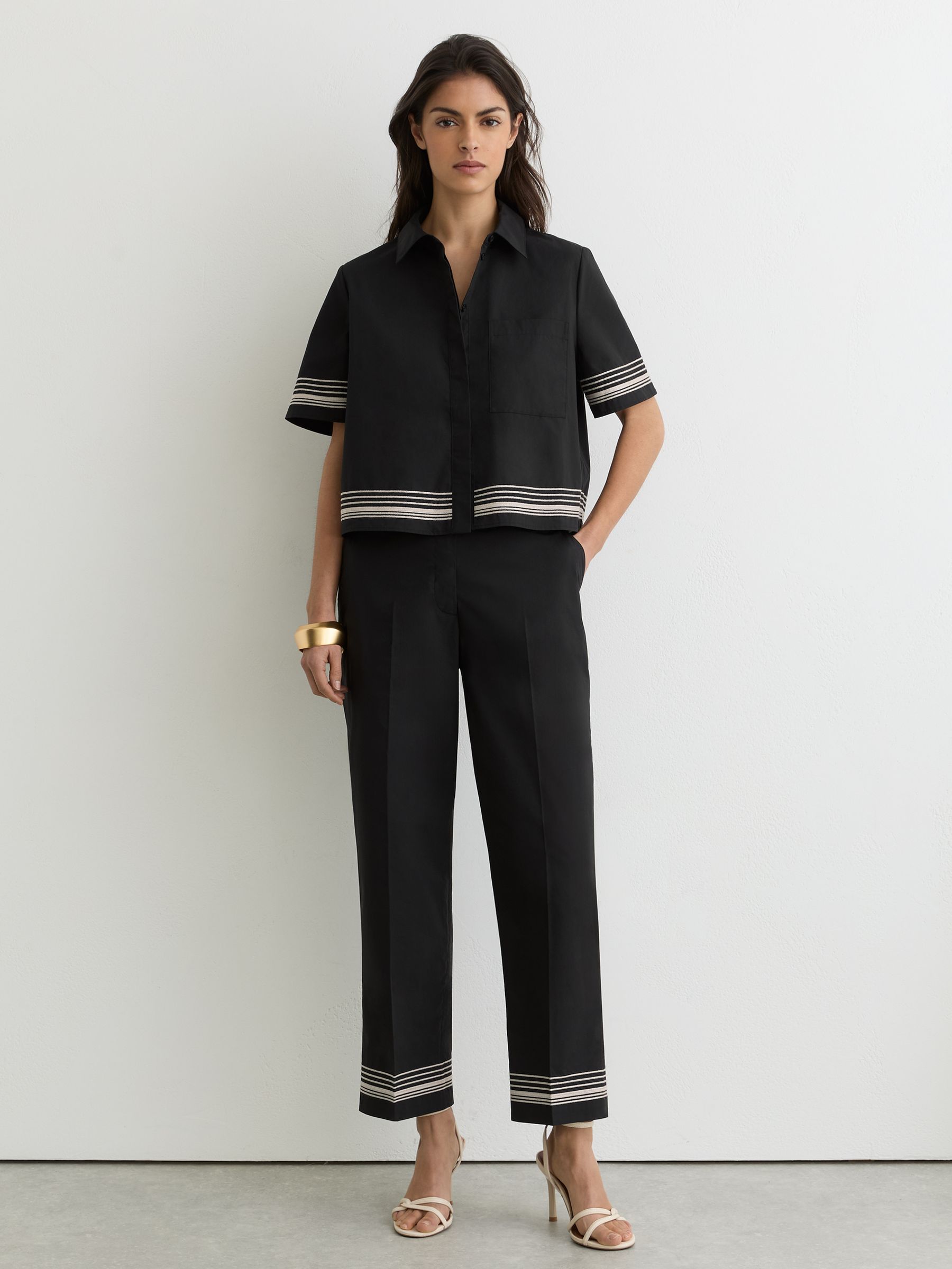 Petite Cotton Stripe-Detail Tapered Trousers in Black/Ivory - image 4