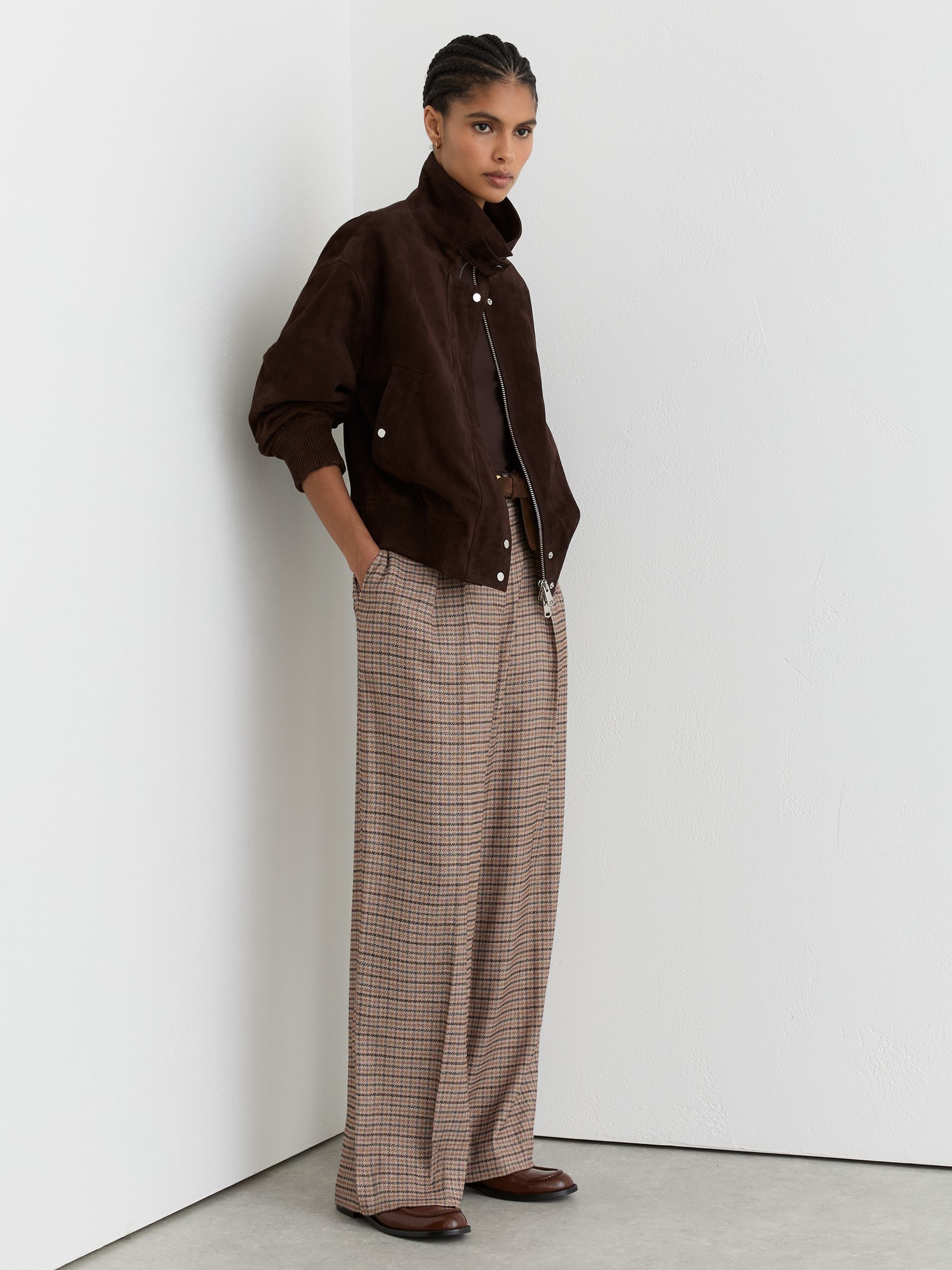 Petite Wide-Leg Check Pleated Trousers in Neutral Check - Image 1 of 8