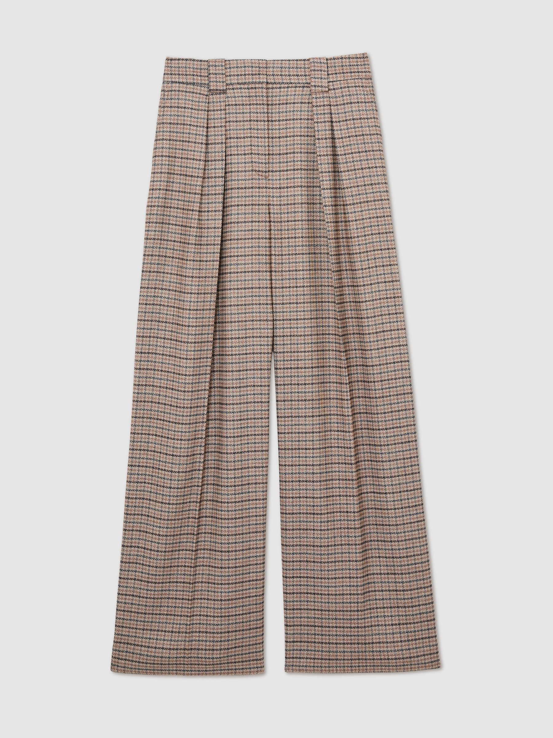 Petite Wide-Leg Check Pleated Trousers in Neutral Check