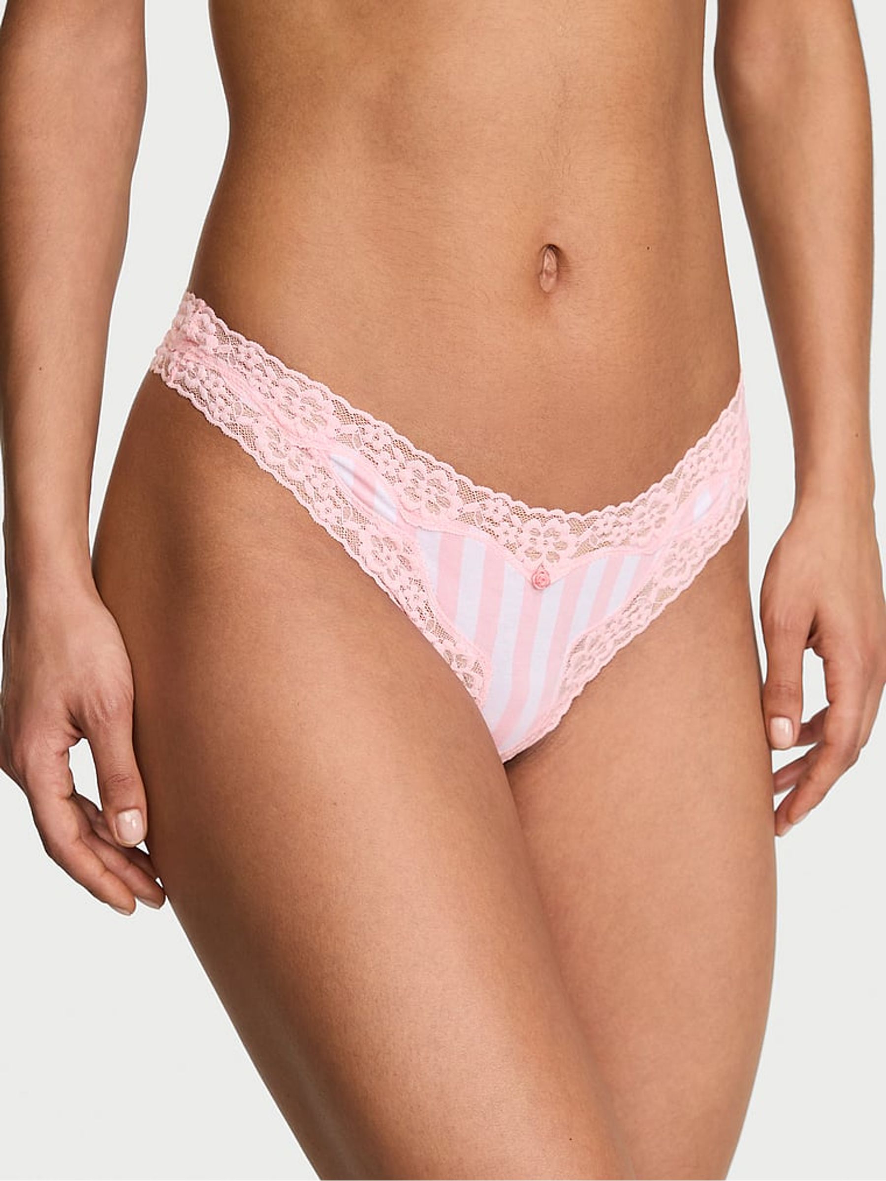 Pretty Blossom Pink Stripes Thong Cotton Lace Waist Knickers - Image 1 of 2