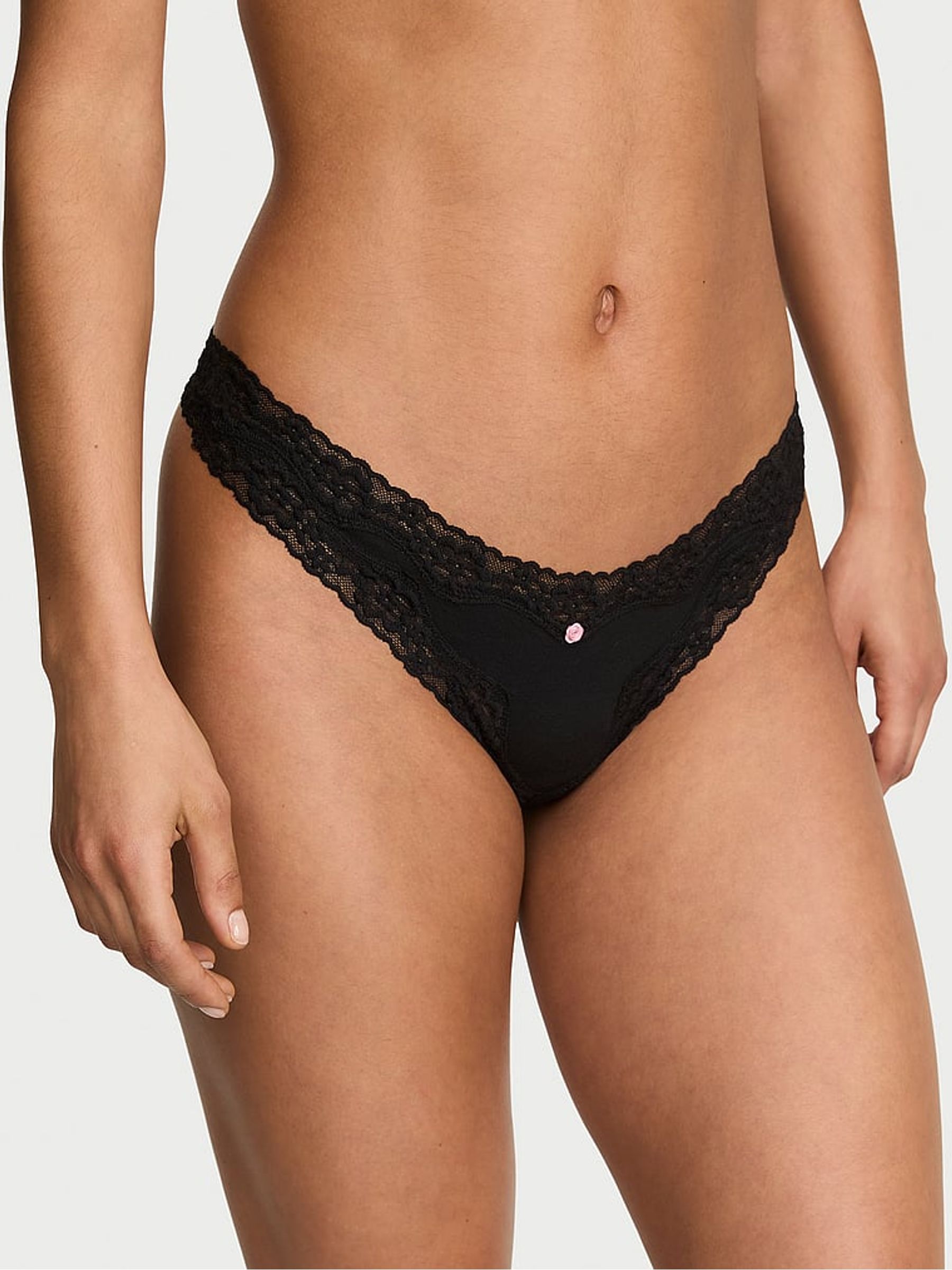 Black Thong Cotton Lace Waist Knickers - Image 1 of 2