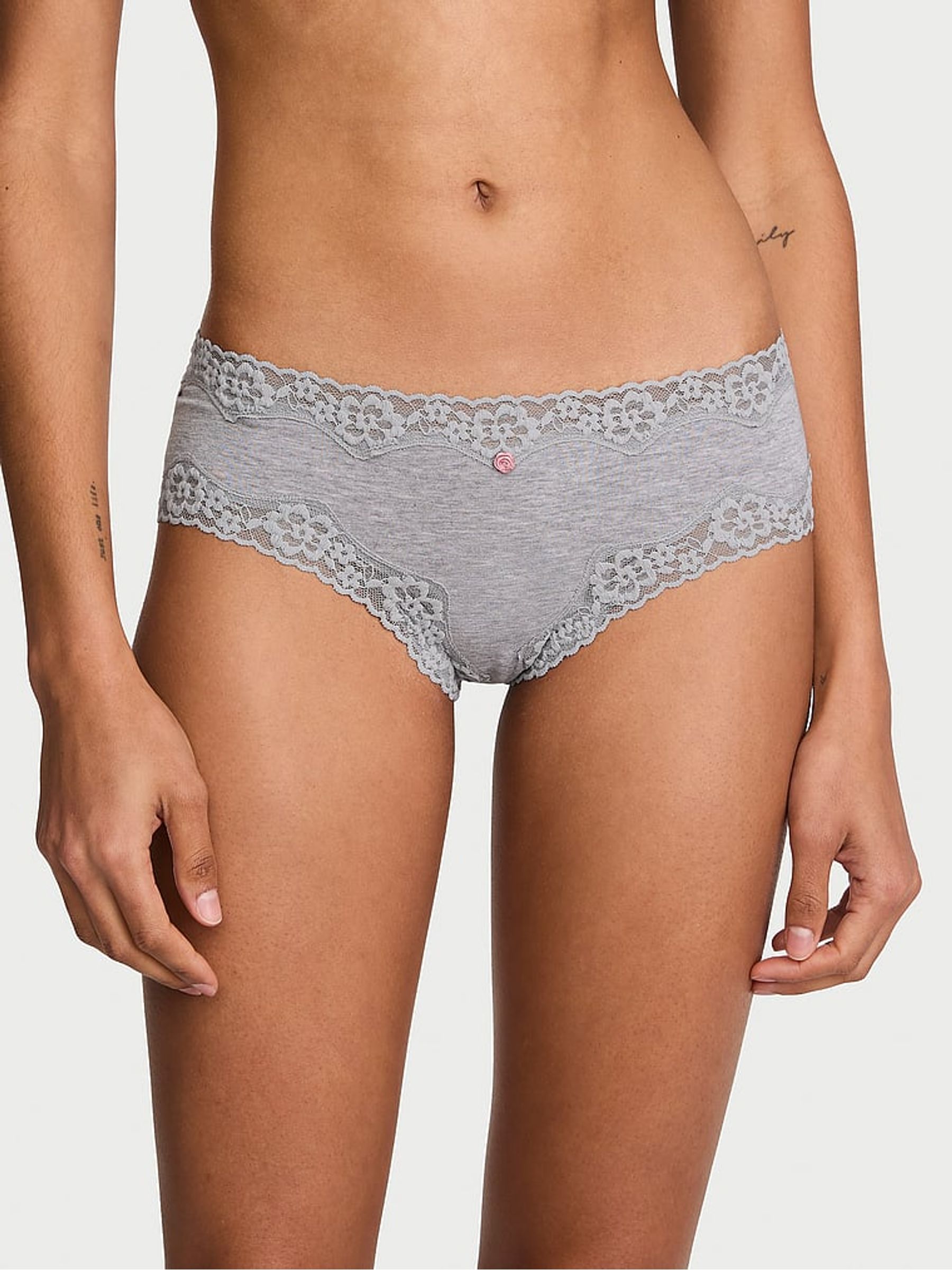 Medium Heather Grey Cheeky Cotton Lace Waist Knickers - Image 2 of 3