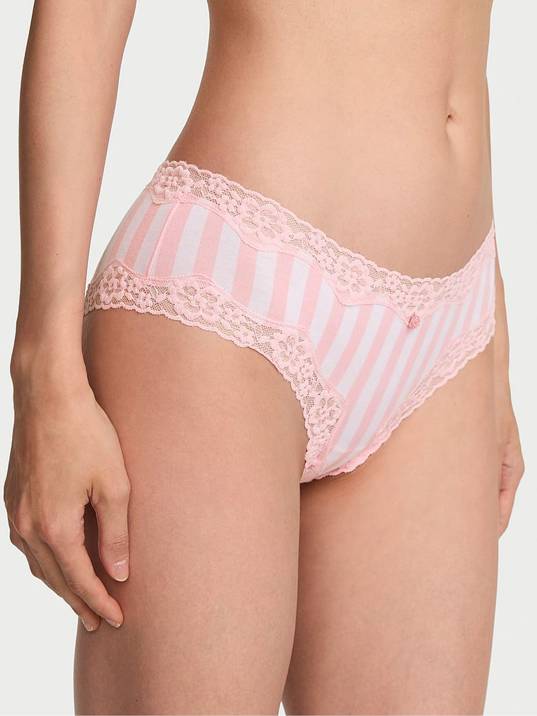 Pretty Blossom Pink Stripes Cheeky Cotton Lace Waist Knickers - Image 1 of 2 Pretty Blossom Pink Stripes Cheeky Cotton Lace Waist Knickers - Image 1 of 2