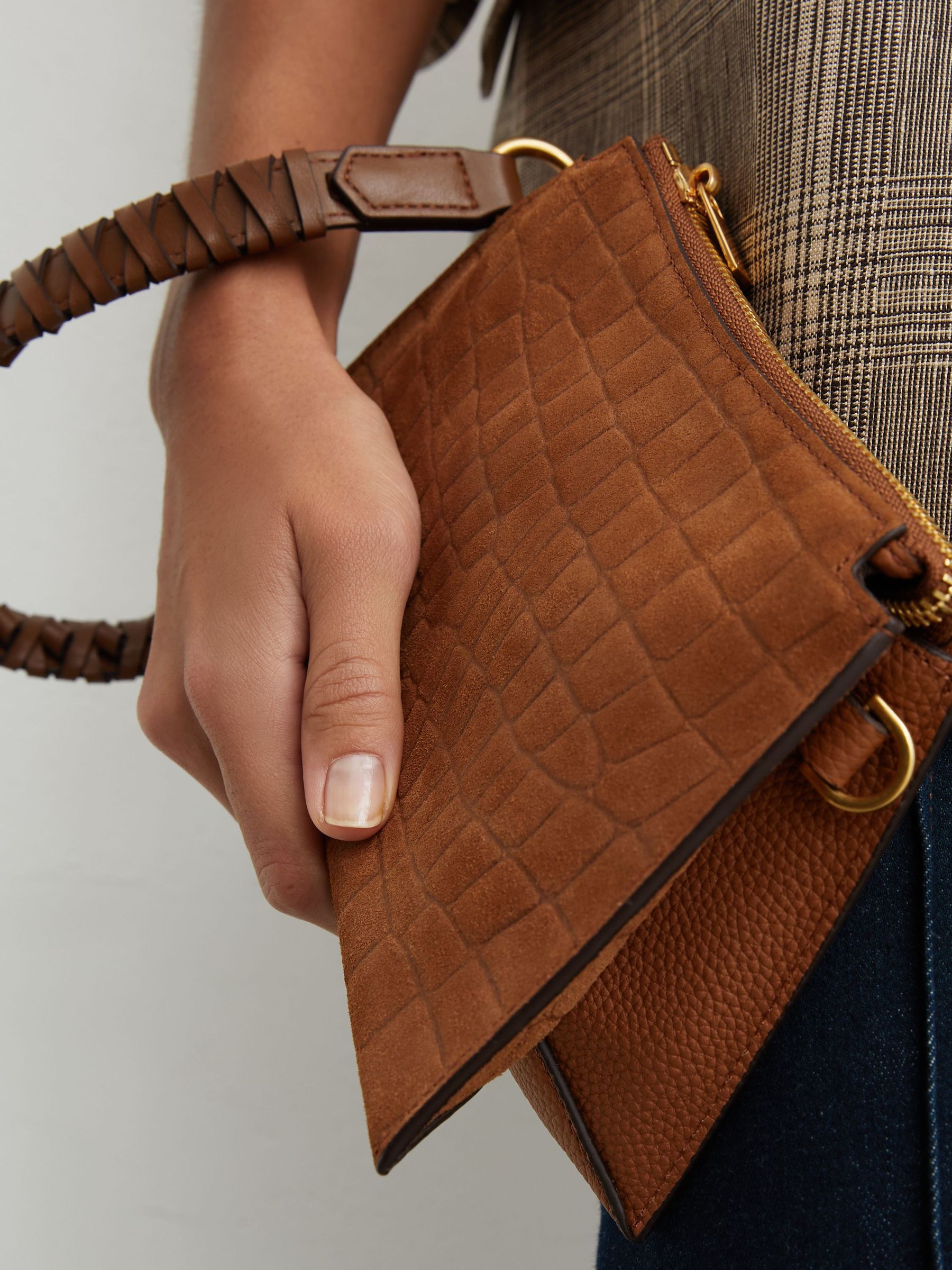 Embossed Suede and Leather Top-Handle Bag in Tan - Image 1 of 7