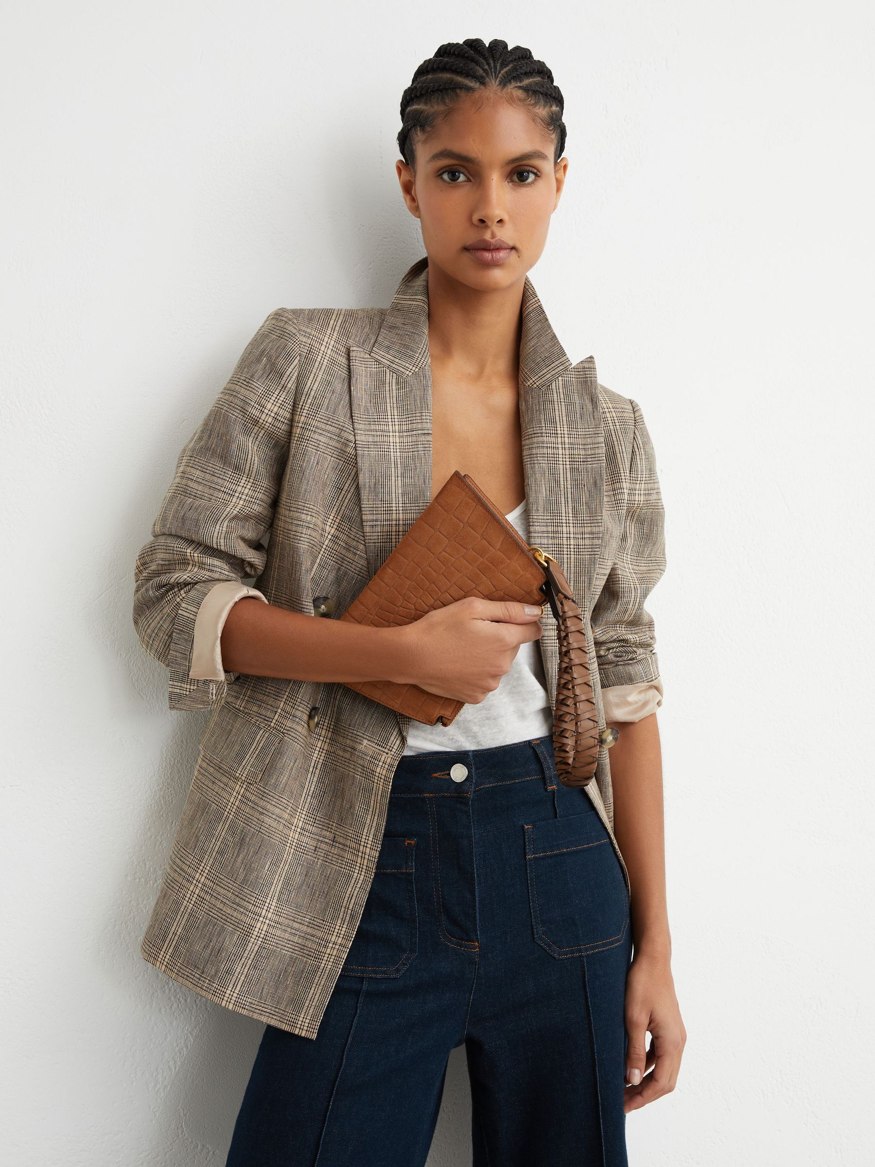 Embossed Suede and Leather Top-Handle Bag in Tan - Image 4 of 7