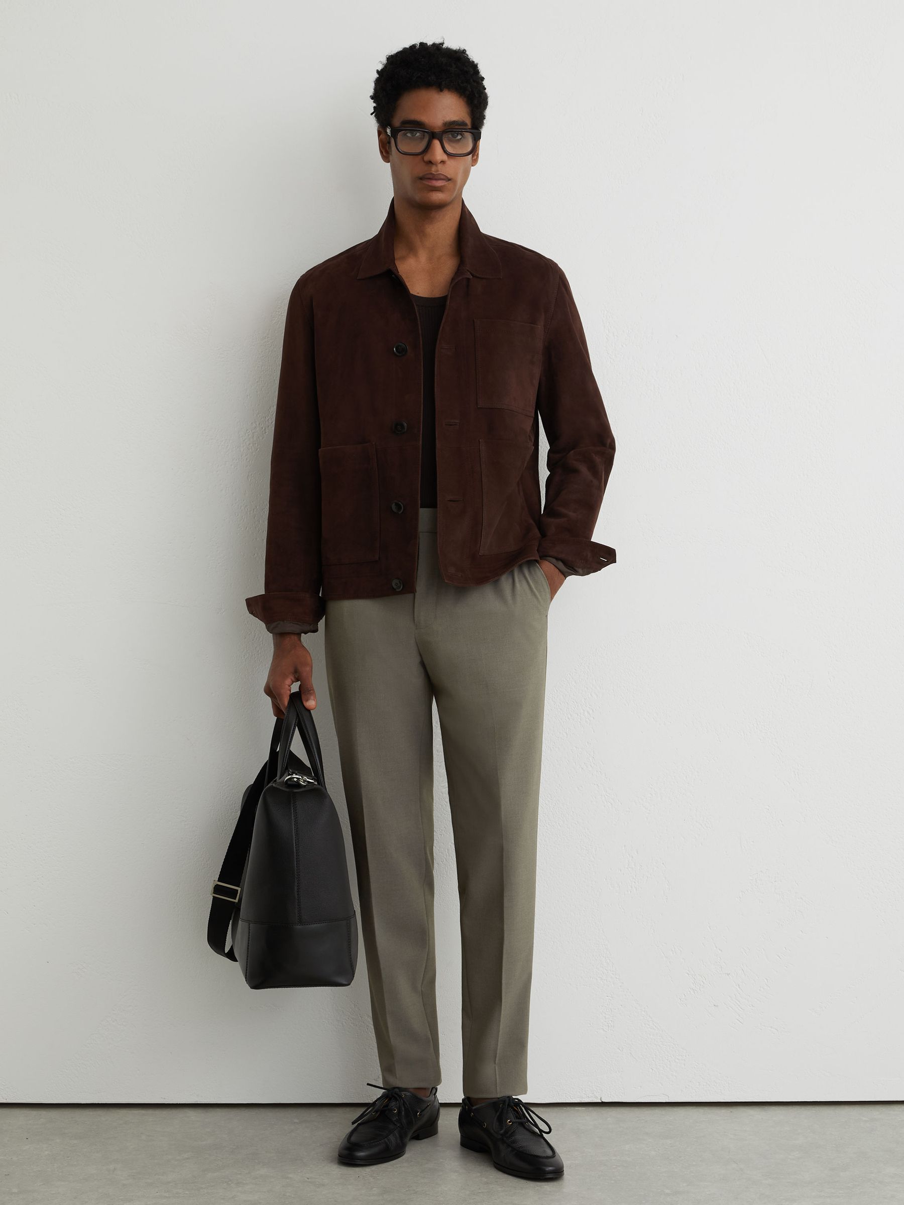 Stretch Slim-Fit Drawstring Trousers in Dark Sage Green - Image 1 of 7
