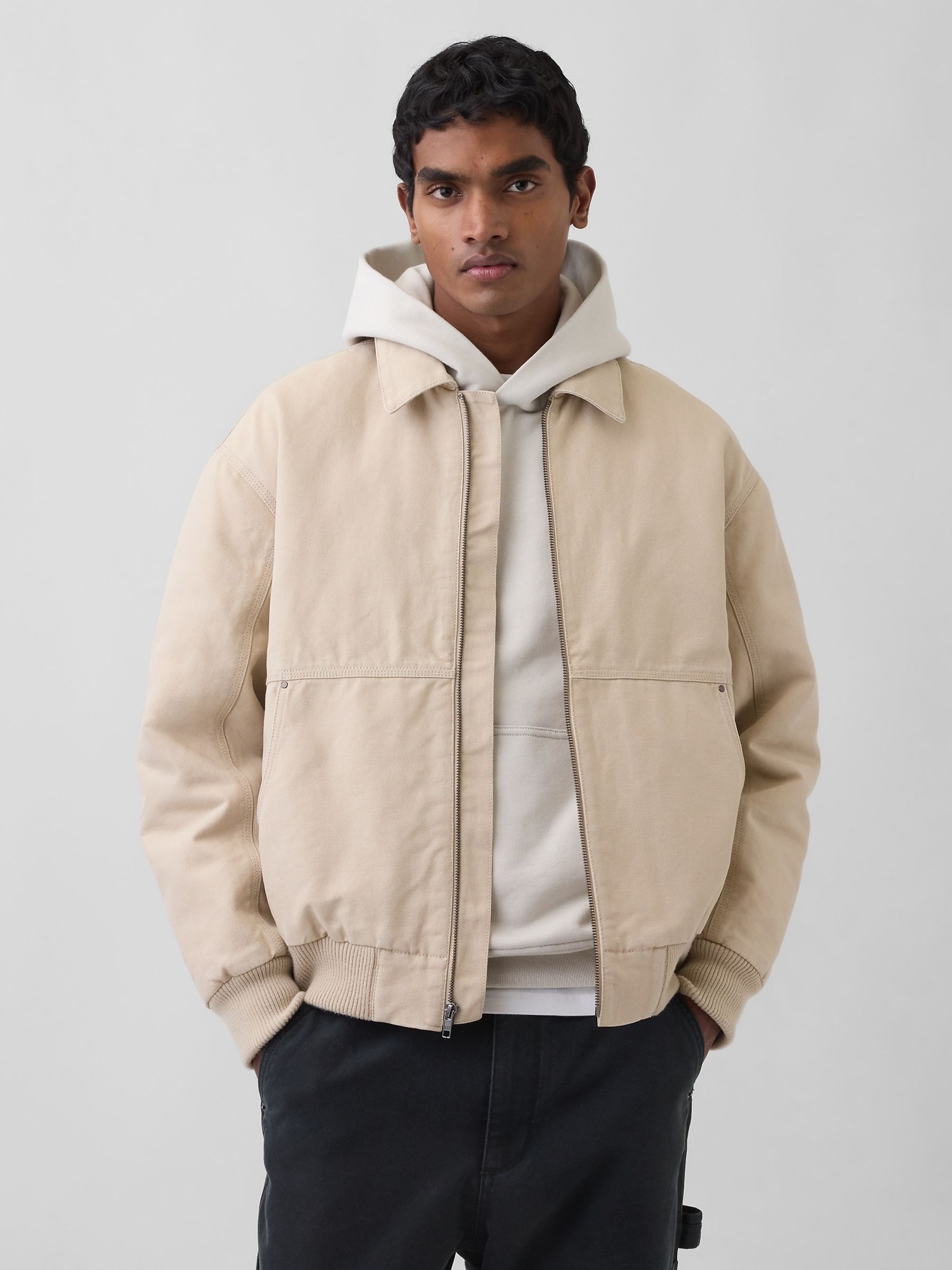 Cream Canvas Bomber Jacket - Image 1 of 4