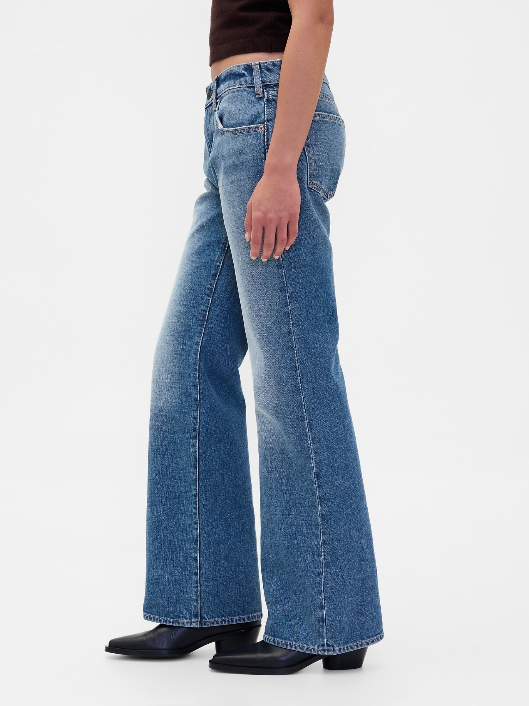 Medium Indigo Mid Rise Rigid Relaxed Flare Jeans - Image 3 of 4