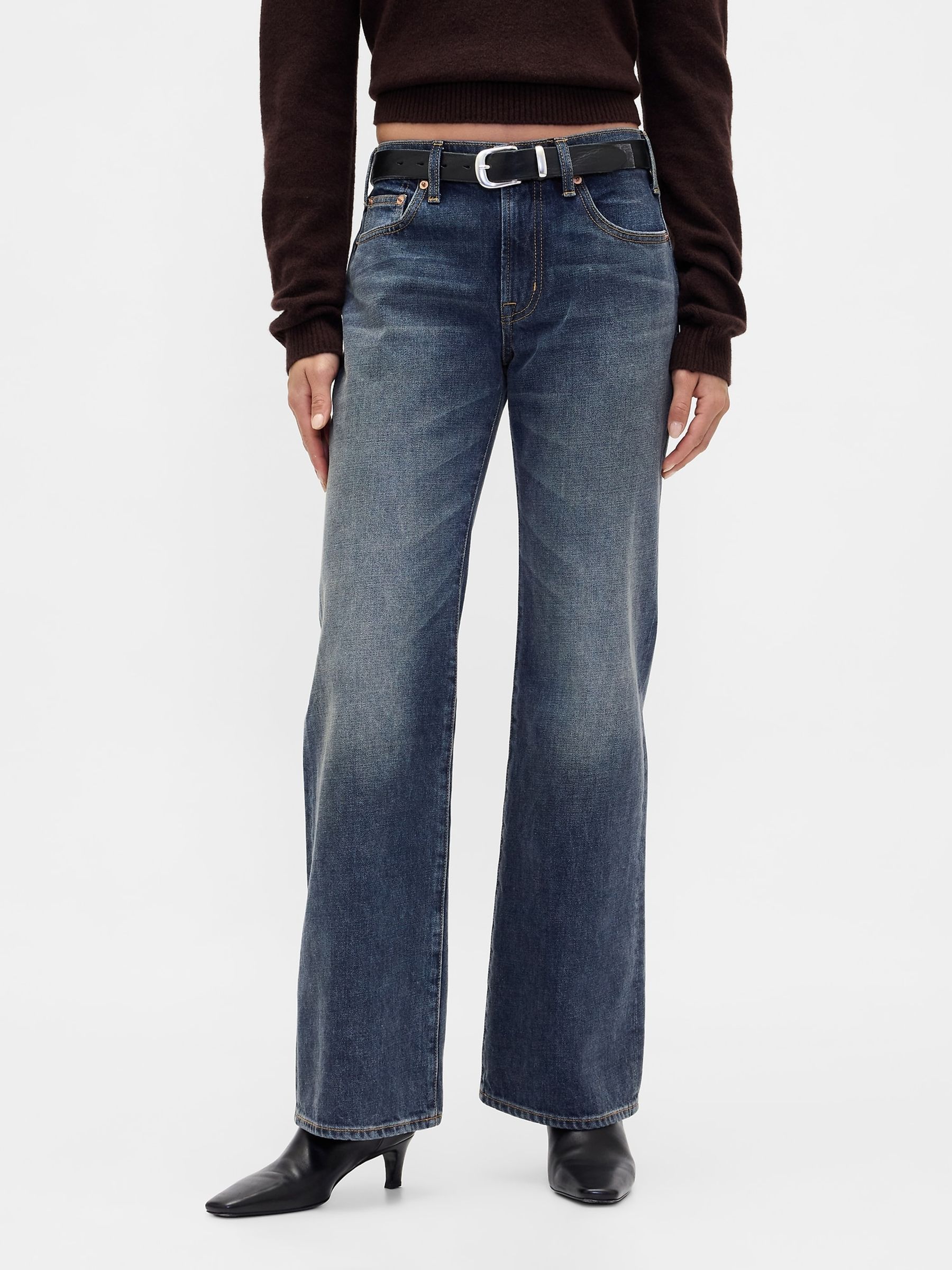 Medium Indigo Mid Rise Rigid Relaxed Flare Jeans - Image 1 of 4