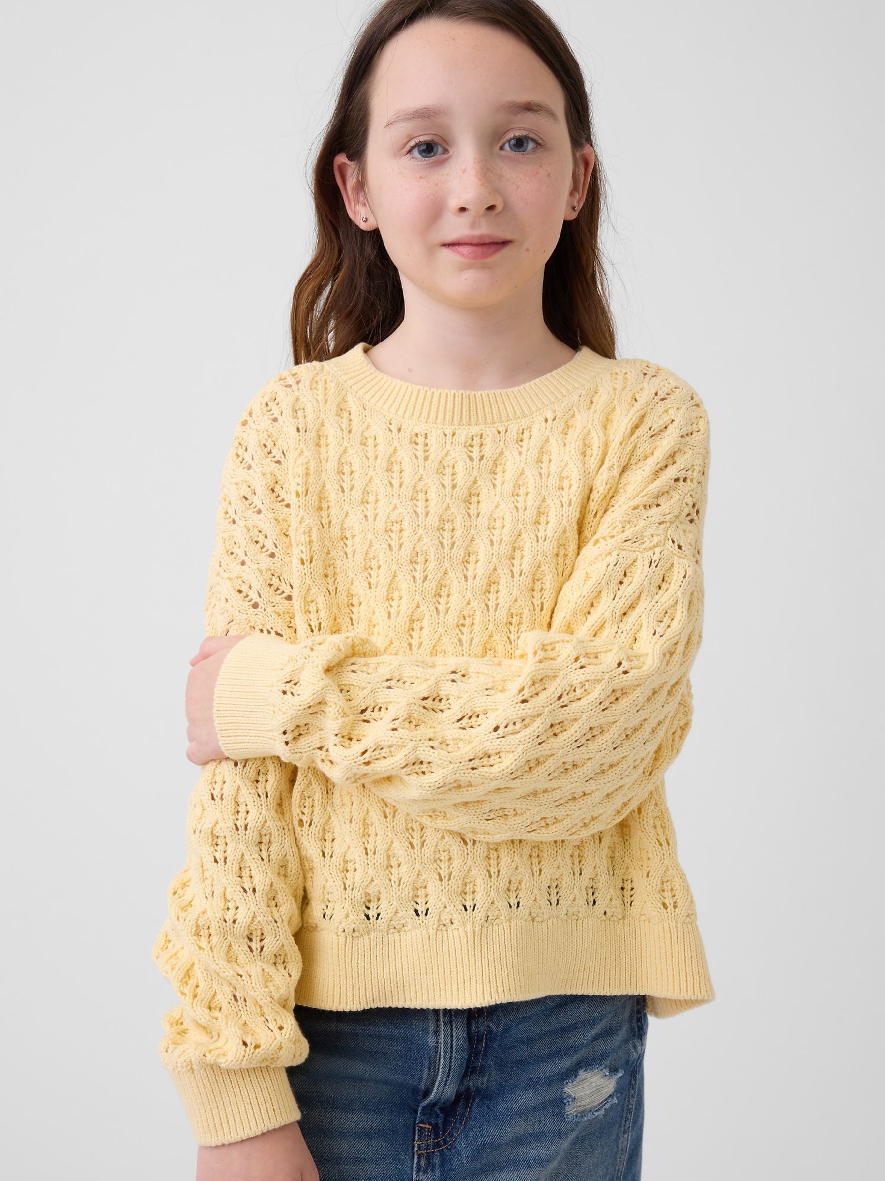 Yellow Crochet Oversized Crew Neck Jumper - Image 1 of 5