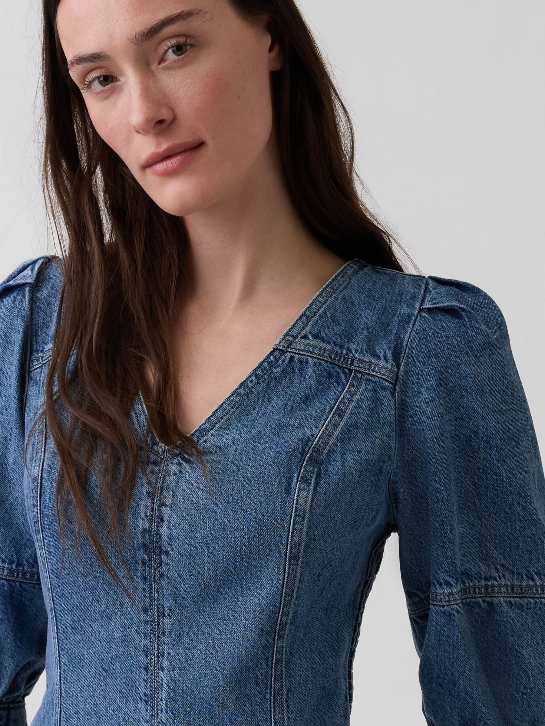 Blue UltraSoft Denim Puff-Sleeve Mini Dress - Image 4 of 4 Blue UltraSoft Denim Puff-Sleeve Mini Dress - Image 4 of 4