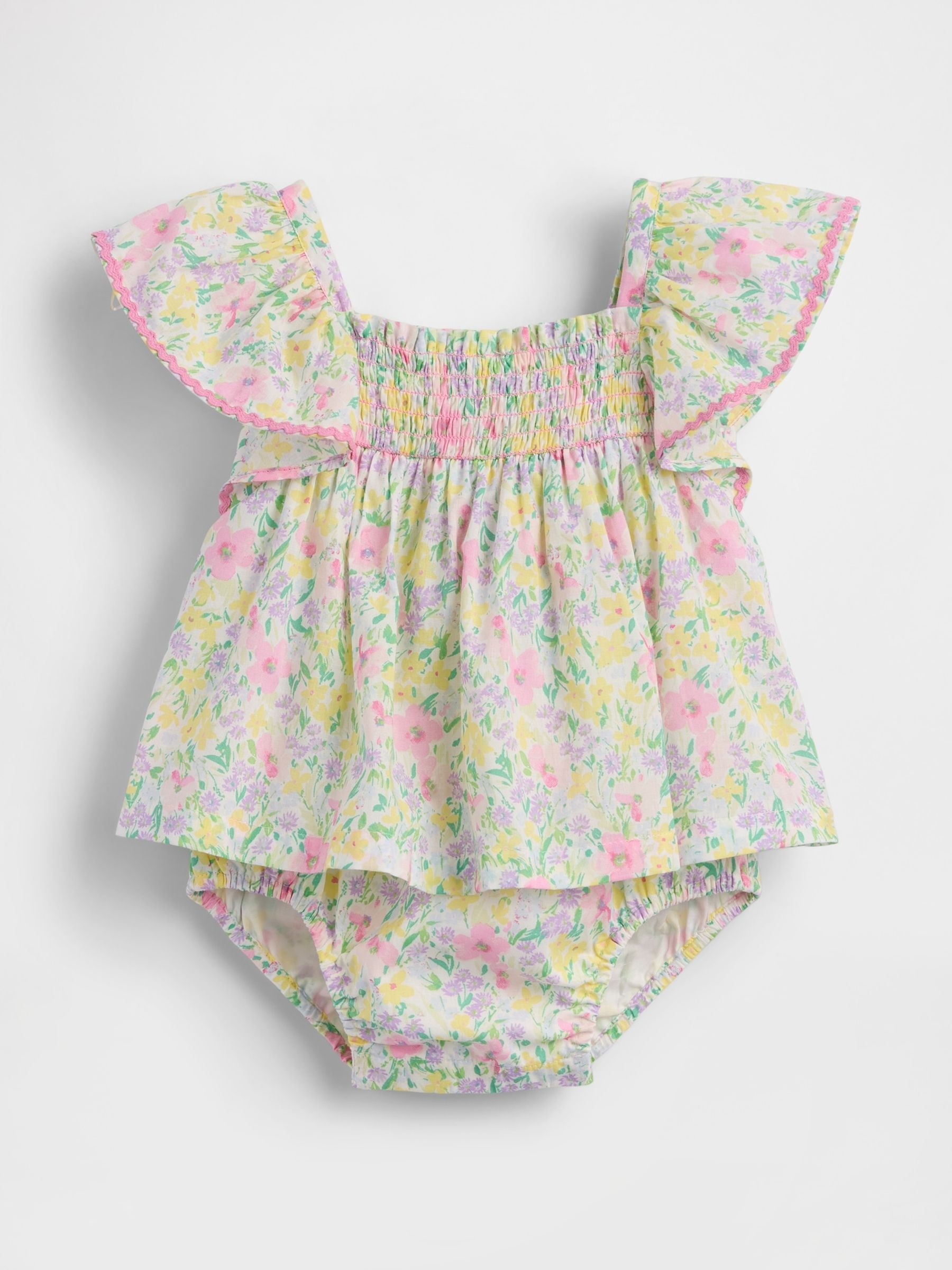 Pink Floral Smocked Flutter-Sleeve Bodysuit Dress - Image 1 of 2