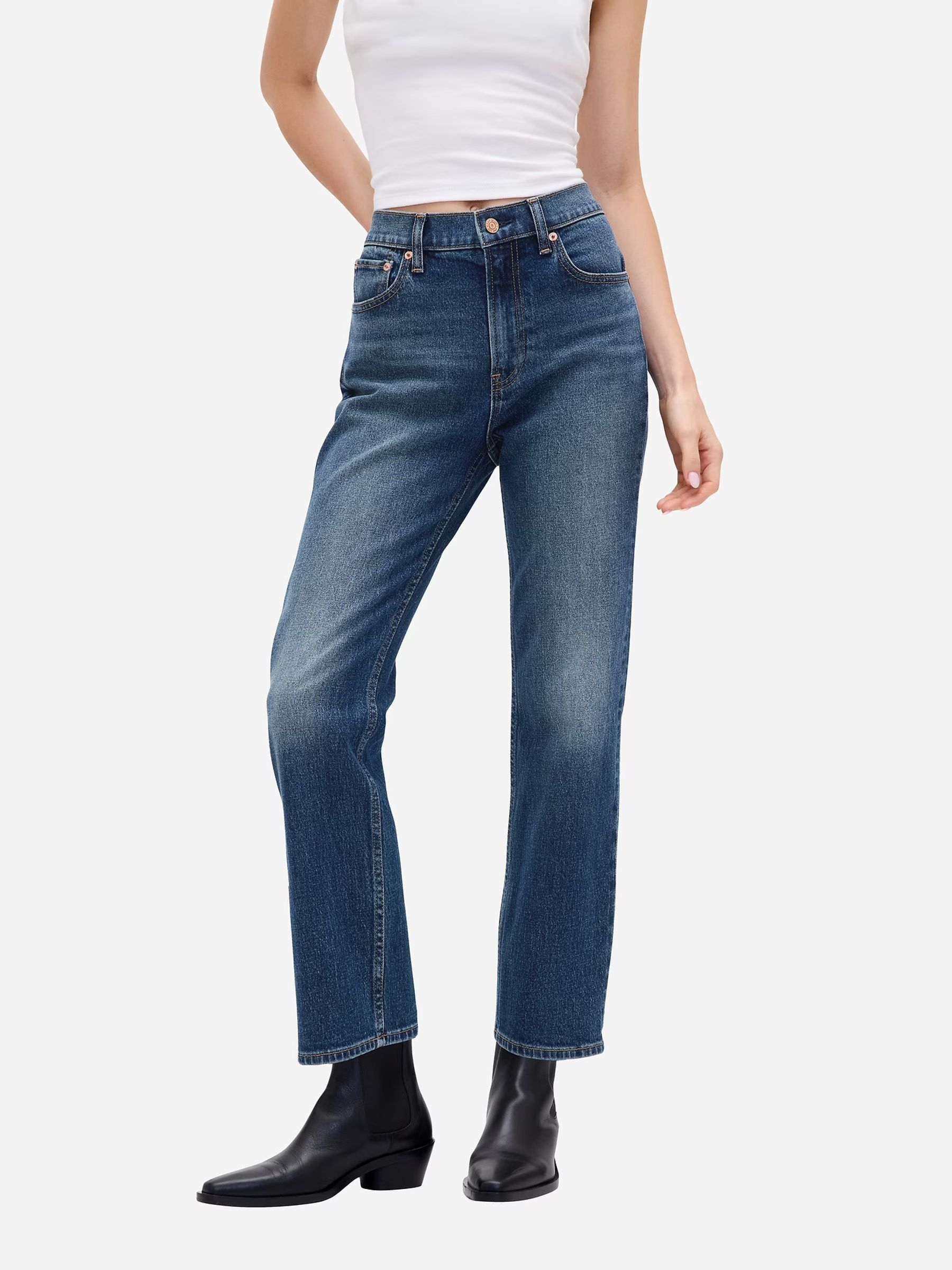 Dark Indigo High Waisted '90s Slim Straight Crop Jeans - Image 1 of 6