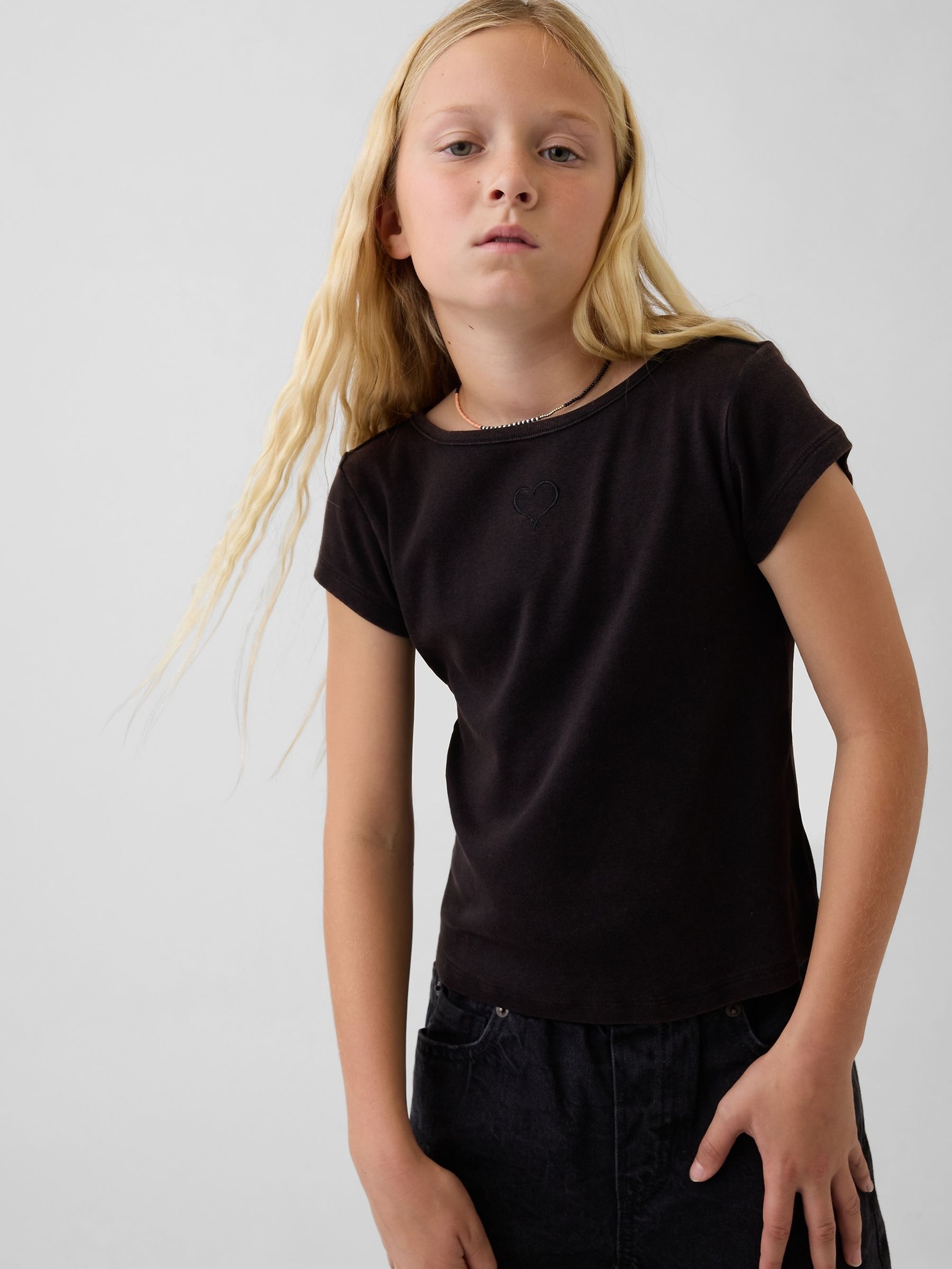 Black Cap-Sleeve Fitted T-Shirt - Image 1 of 4