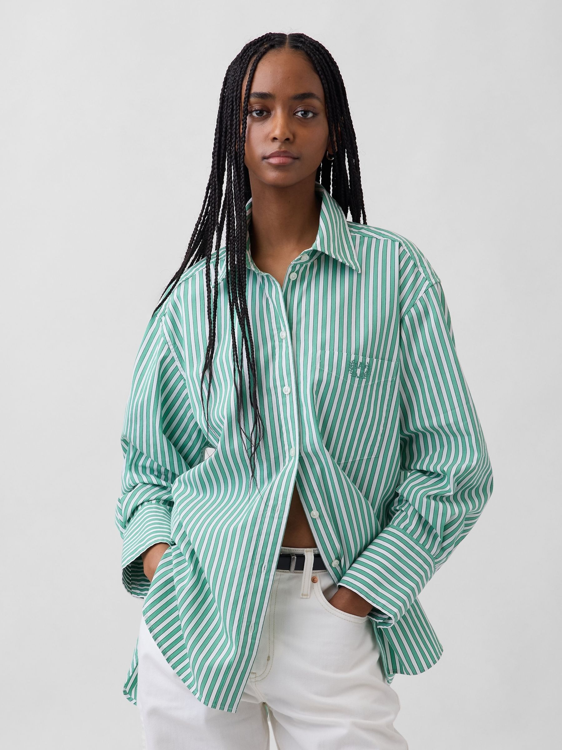 Green Stripe Cotton Poplin Big Shirt - Image 1 of 5