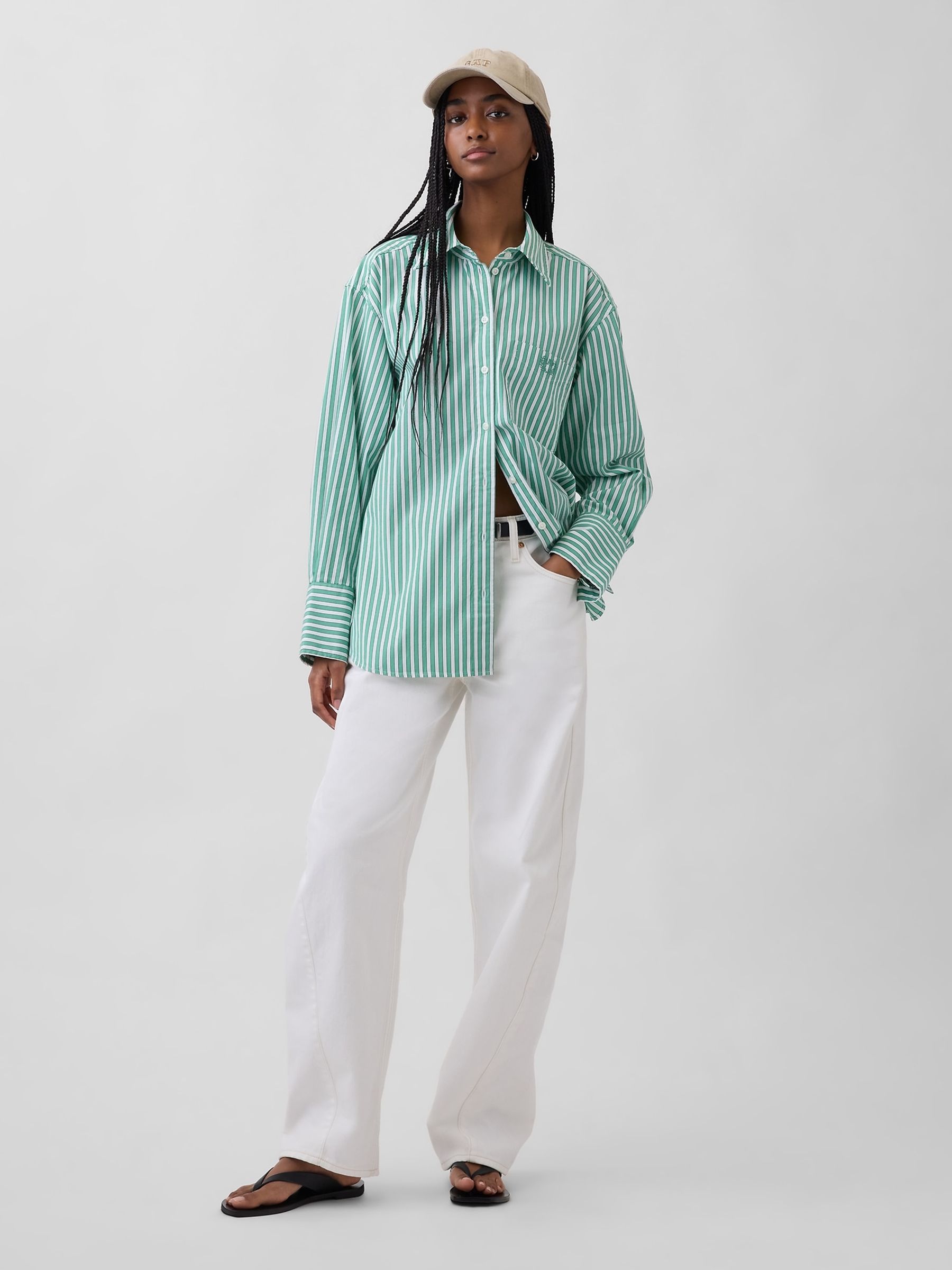 Green Stripe Cotton Poplin Big Shirt - Image 3 of 5