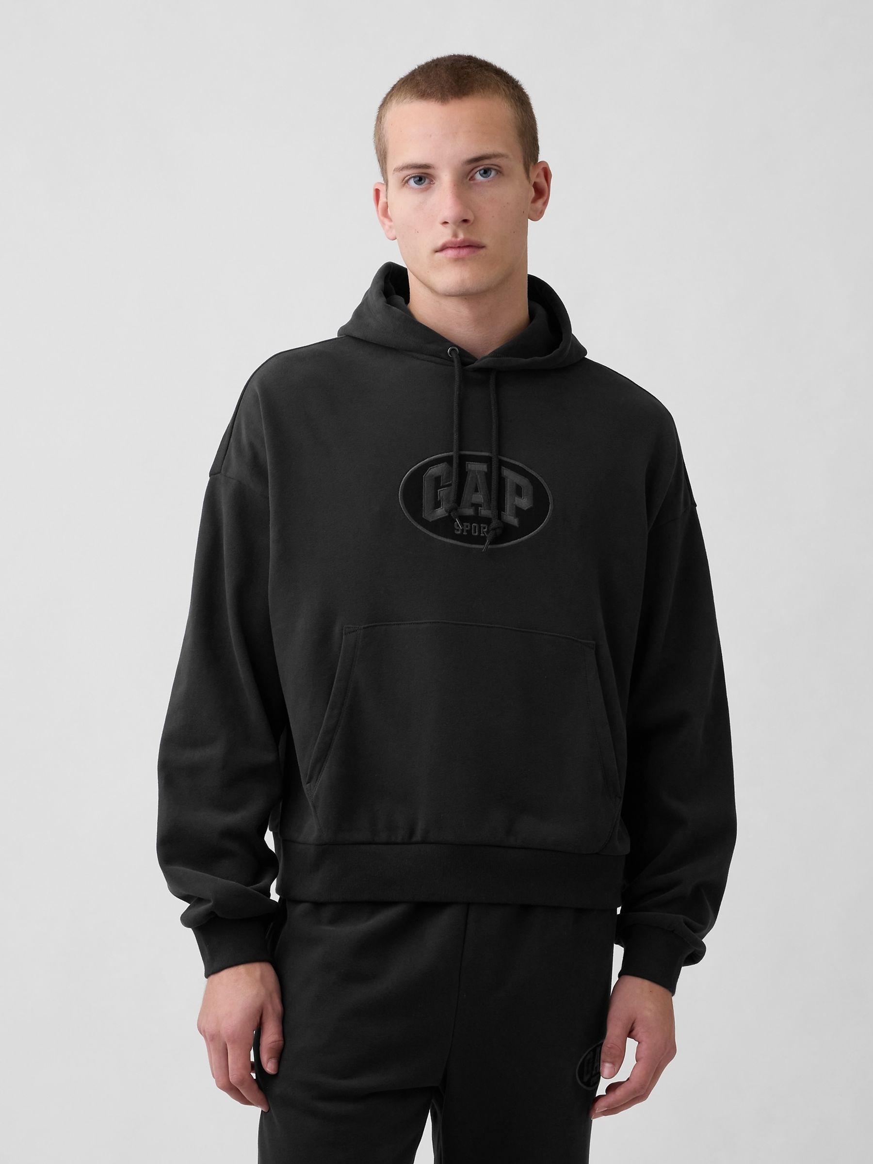 Black Vintage Soft Terry Oversized Logo Crop Hoodie - Image 1 of 4