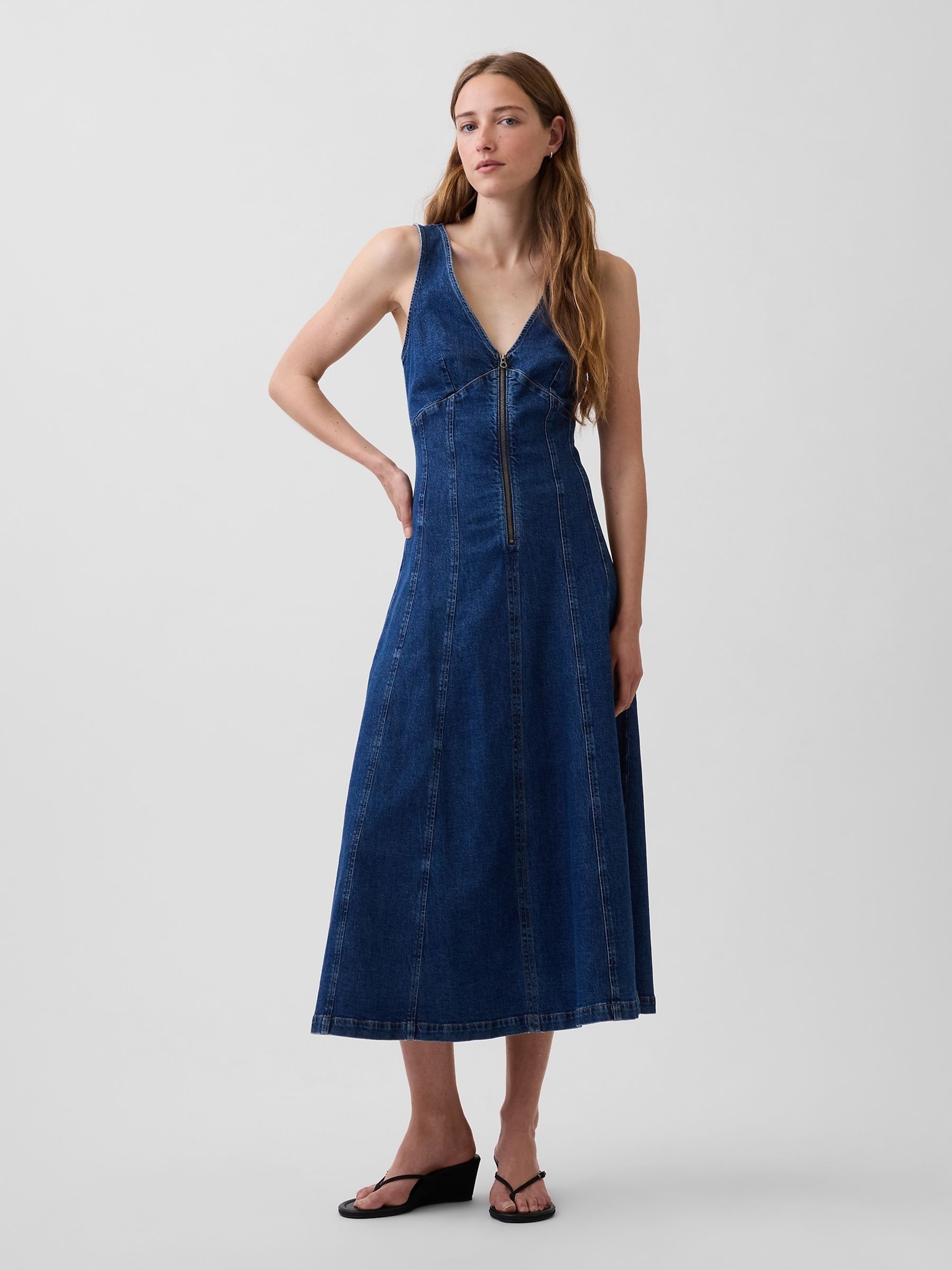Dark Wash Denim Seamed Zip-Front Midi Dress - Image 1 of 8
