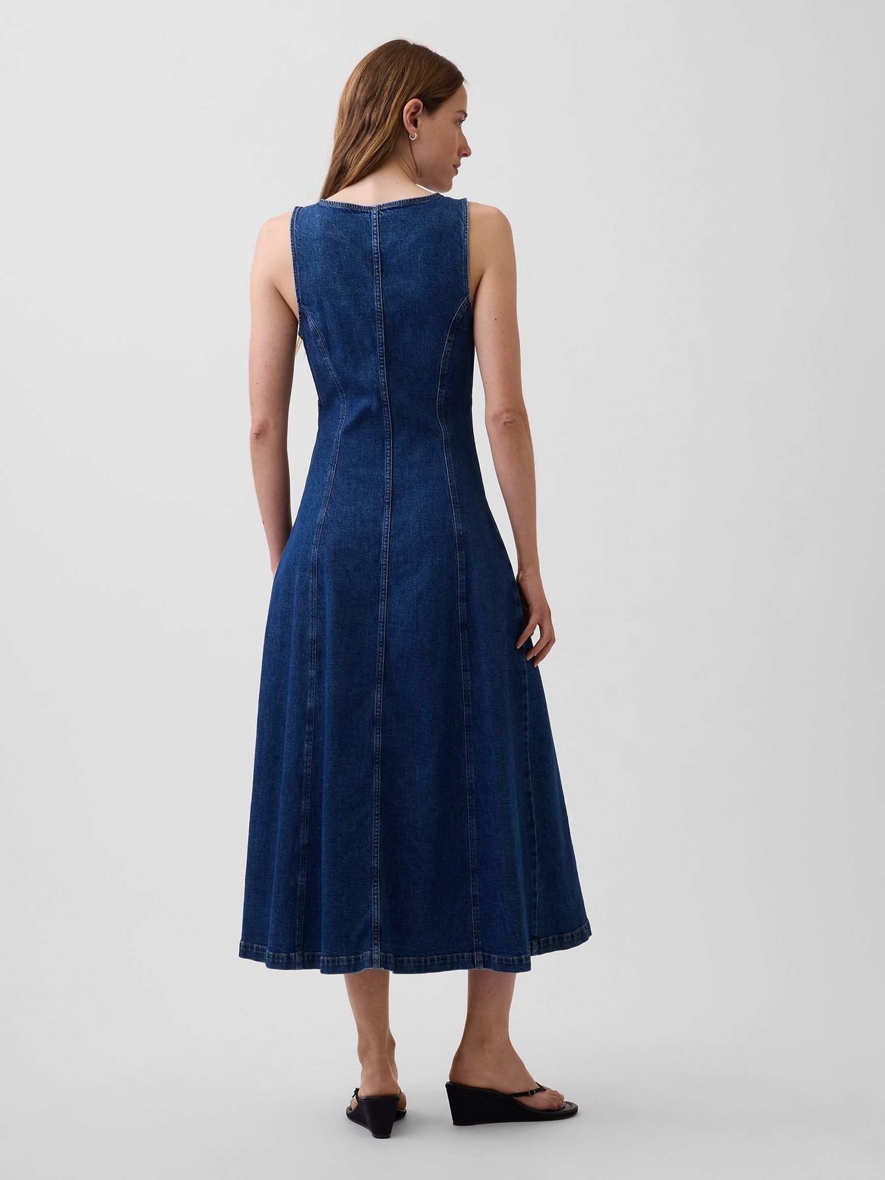 Dark Wash Denim Seamed Zip-Front Midi Dress - Image 2 of 8 Dark Wash Denim Seamed Zip-Front Midi Dress - Image 2 of 8