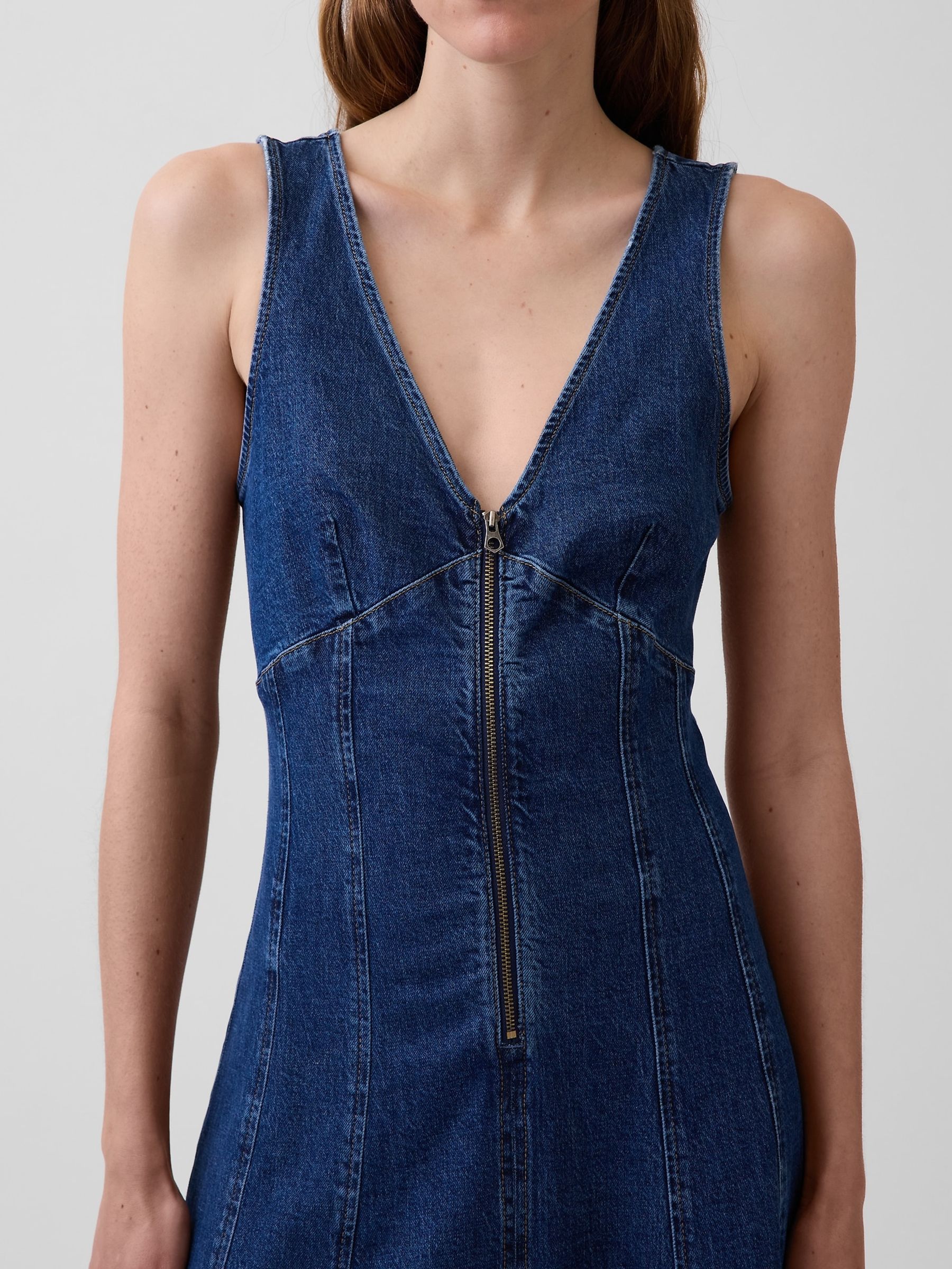 Dark Wash Denim Seamed Zip-Front Midi Dress - Image 4 of 8