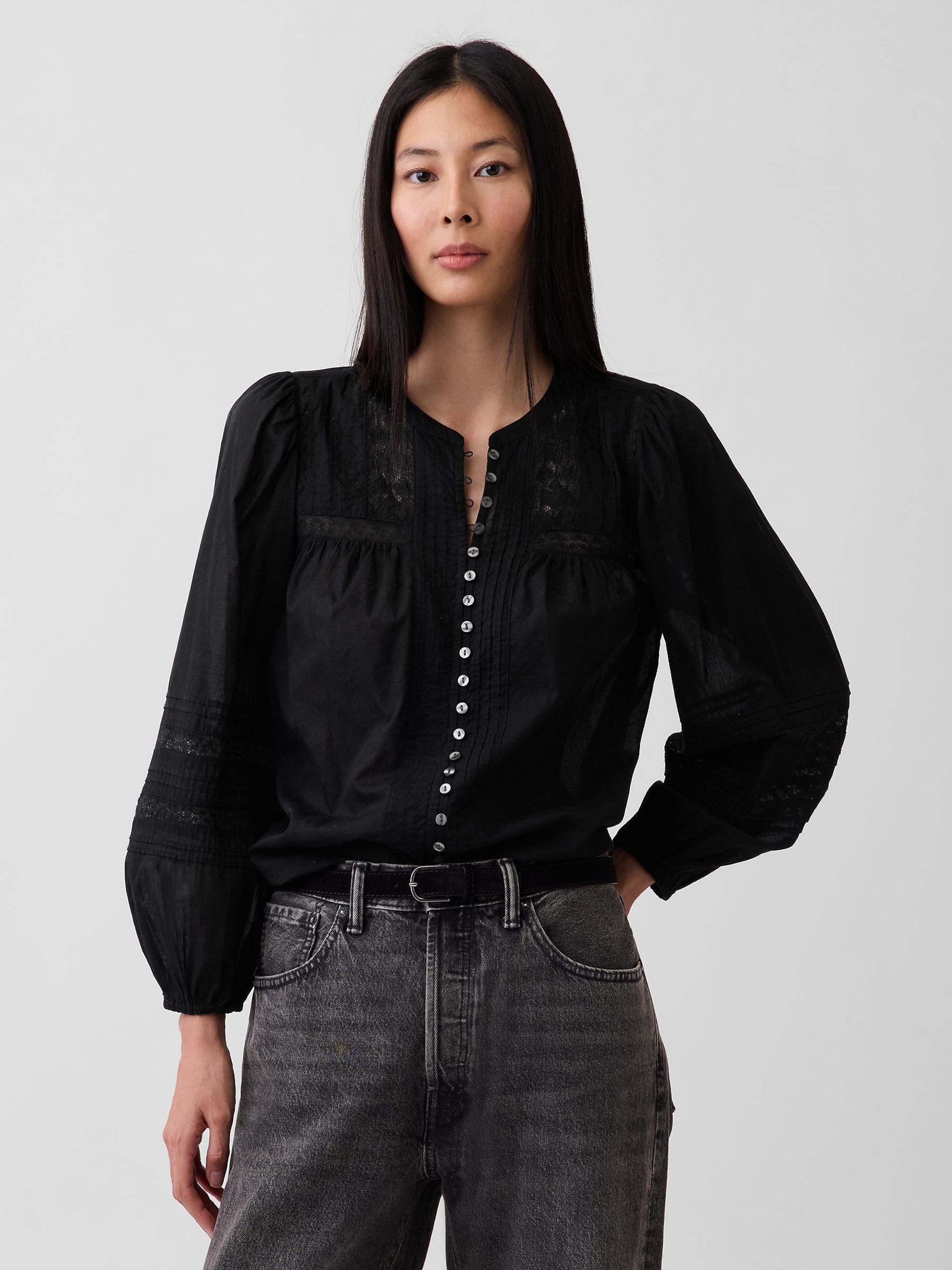 Black Lace-Trim Pintuck Top - Image 1 of 4