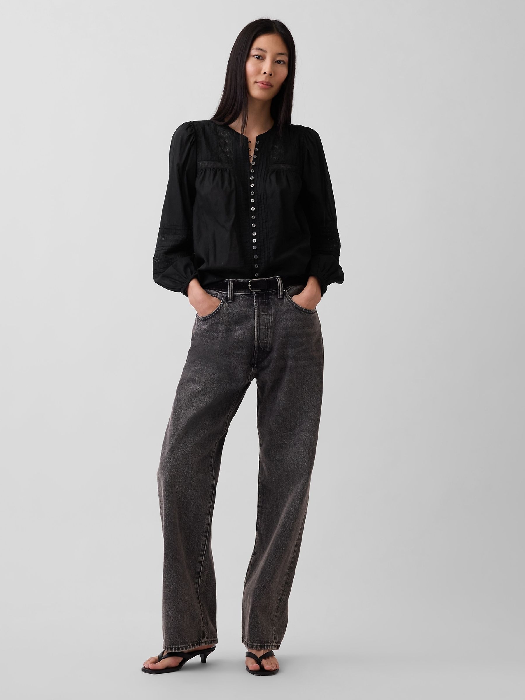 Black Lace-Trim Pintuck Top - Image 3 of 4