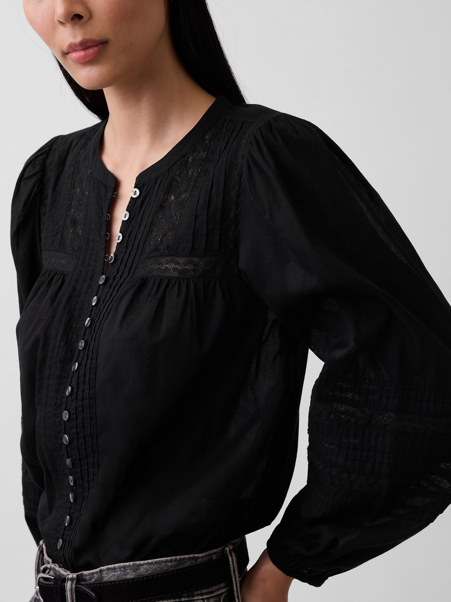 Black Lace-Trim Pintuck Top - Image 4 of 4