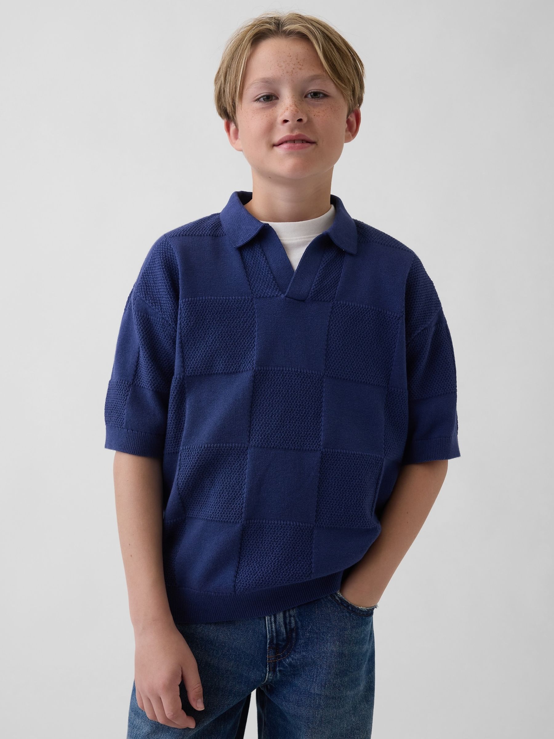 Blue Johnny-Collar Checkered Jumper - Image 1 of 4