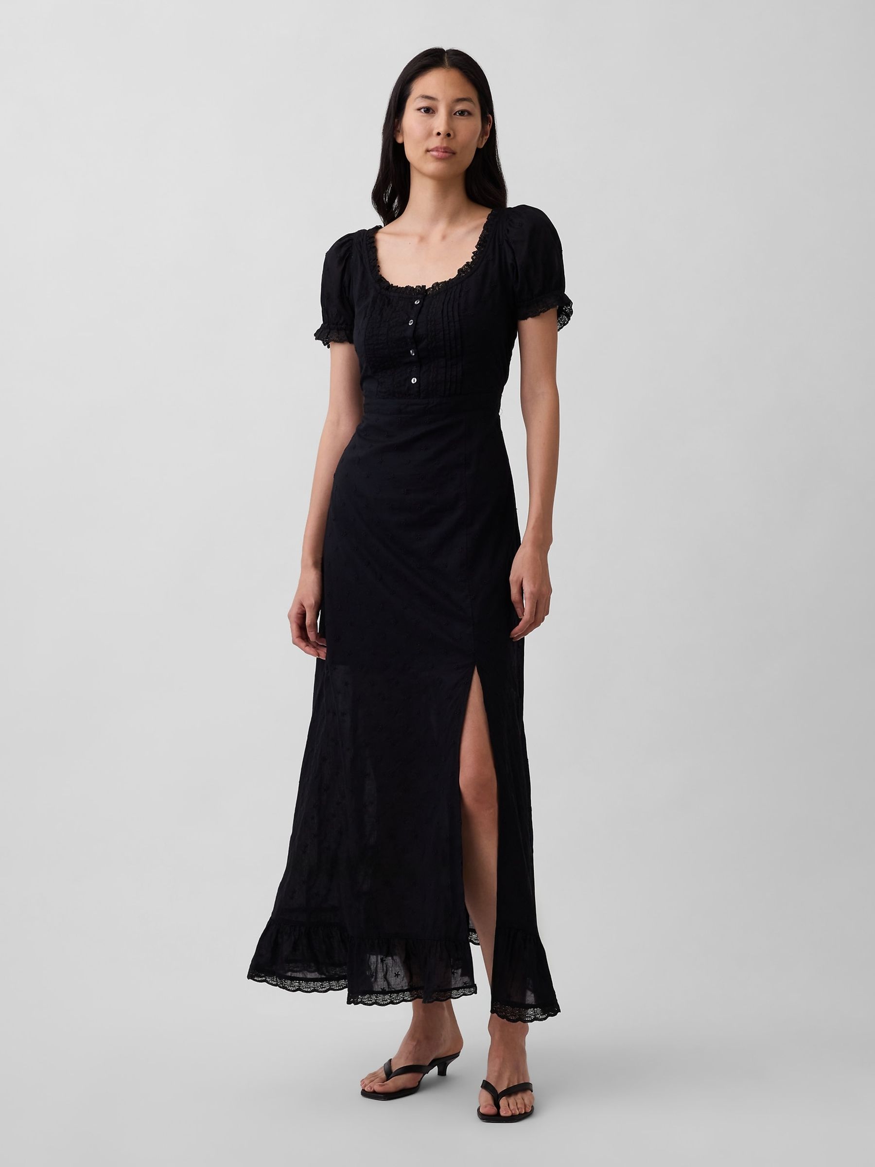 Black Embroidered Puff-Sleeve Maxi Dress - Image 1 of 4